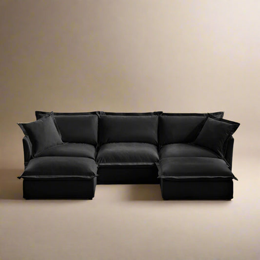 Fluffy Chenille 3-Seat Sofa – Black with 2 Ottomans, Washable