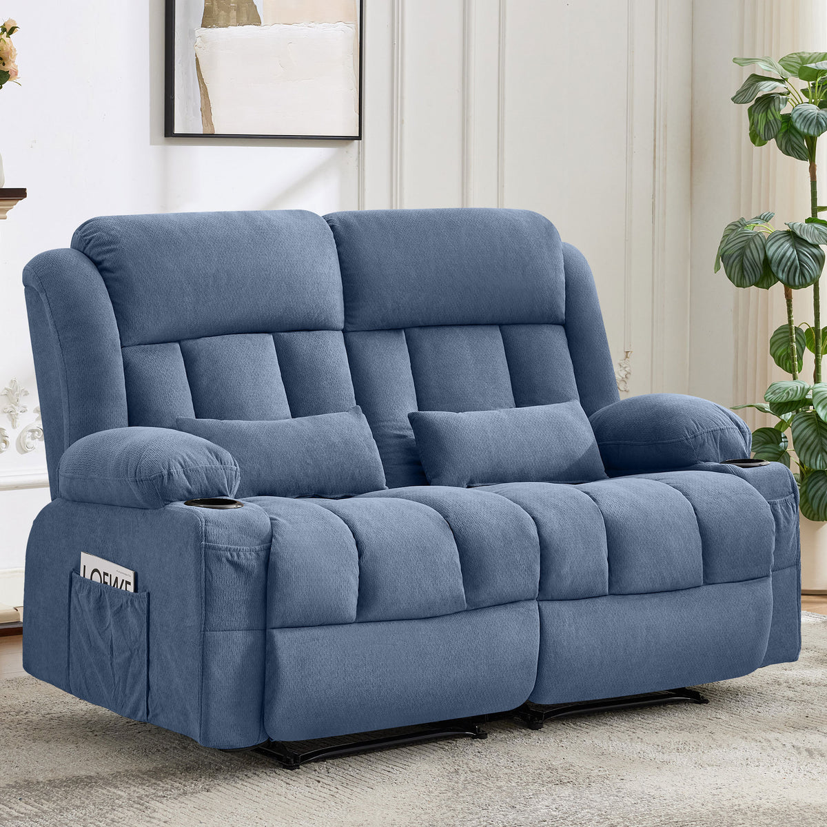 Blue Linen Reclining Loveseat, 60.2 in Wide