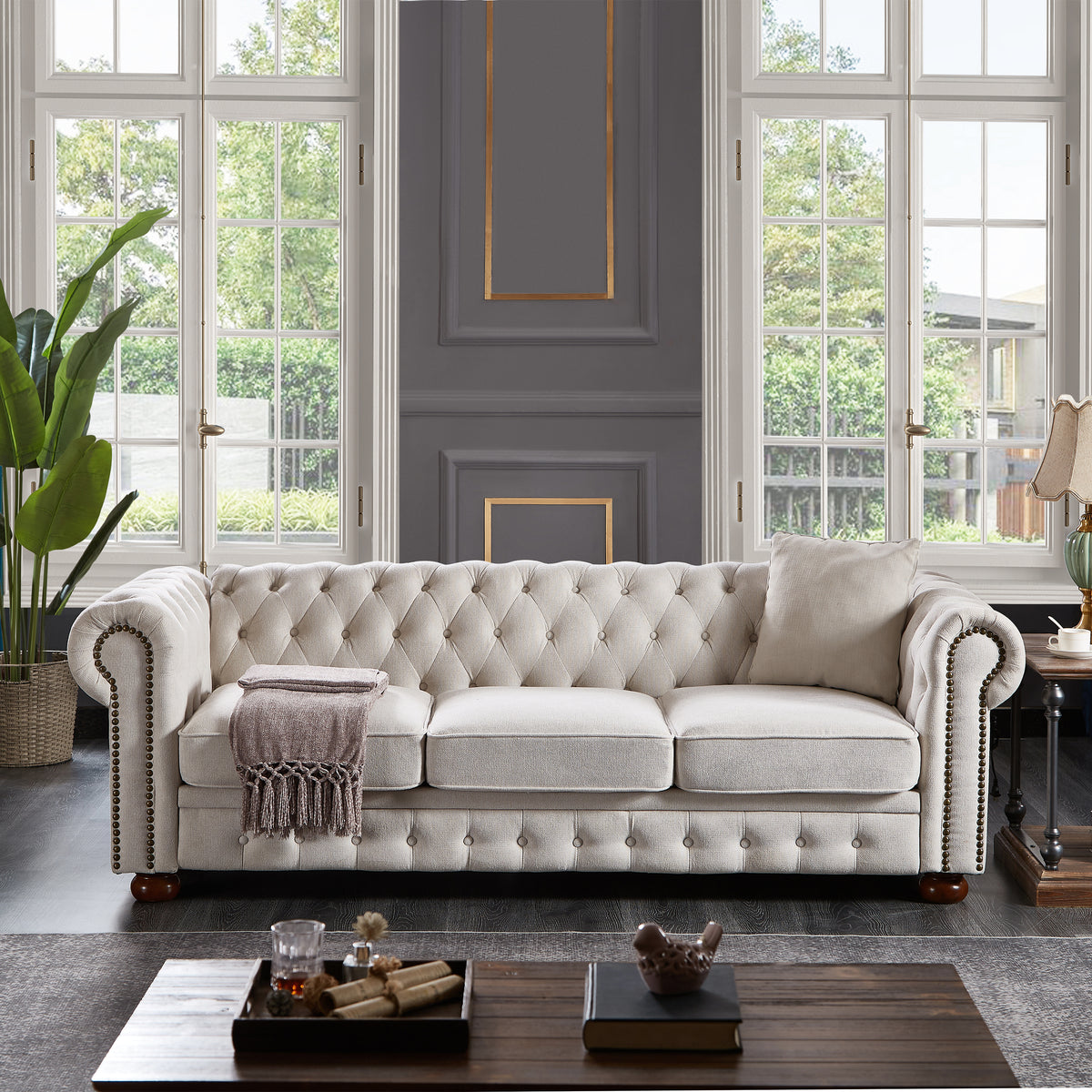 Beige Linen 3-Seat Chesterfield Sofa, 88.5 in Wide