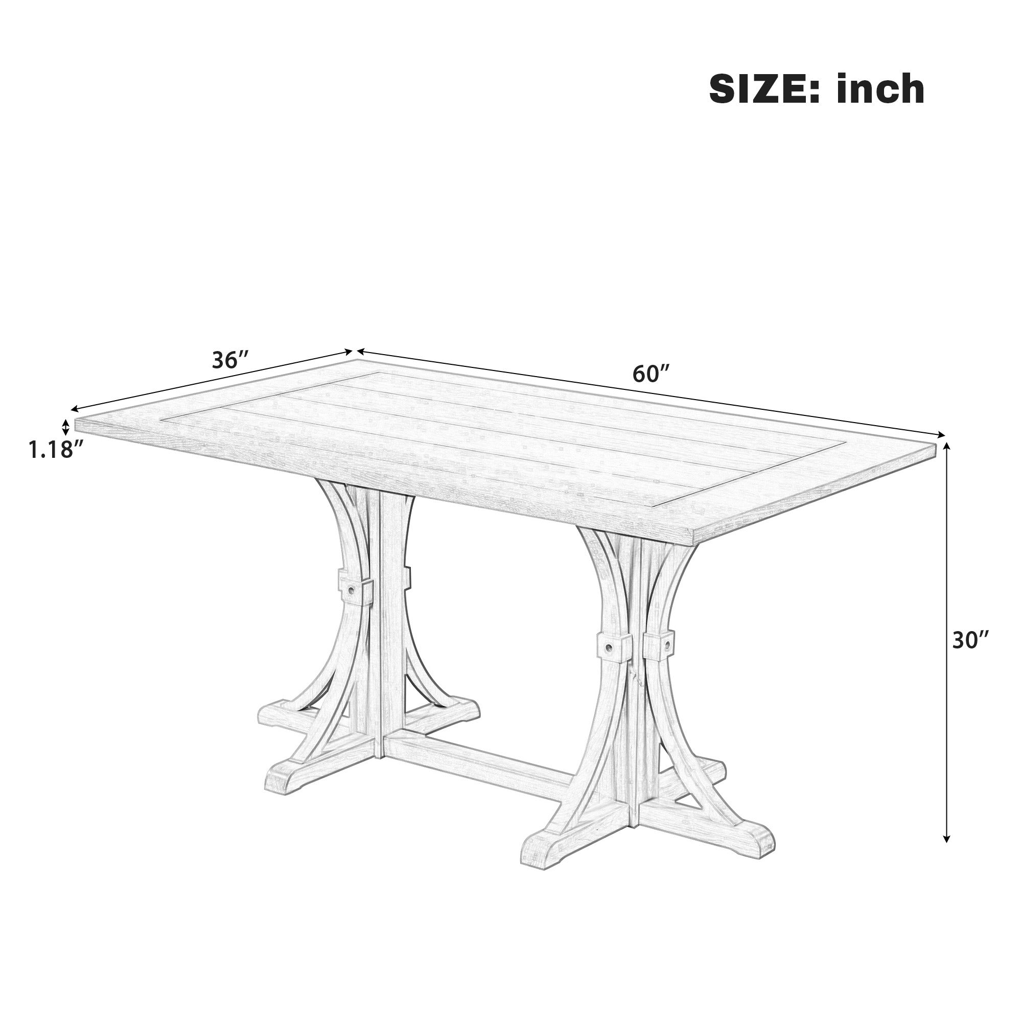 Dimension diagram of the farmhouse trestle dining table showing 60 in length, 36 in width, 30 in height