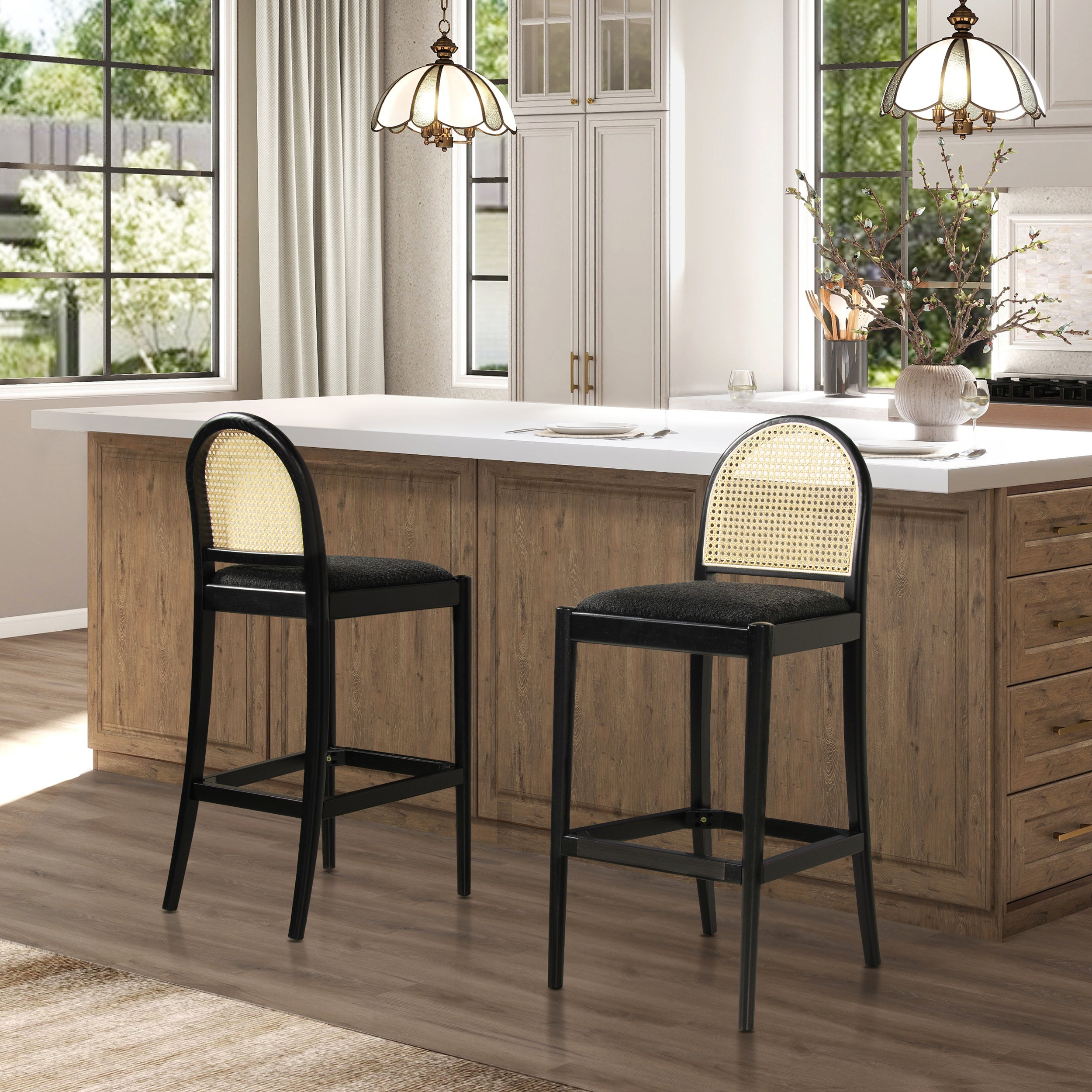 Bar Stool Set of 2, Cane Back with Black Boucle Seat, Oak Frame