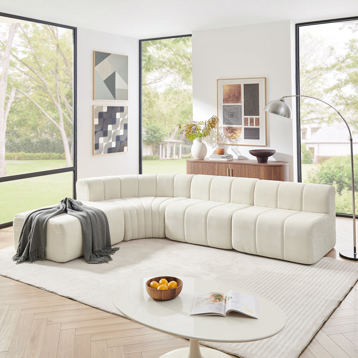 Beige Chenille Modular Sectional Couch with Ottoman, Semi-Curved