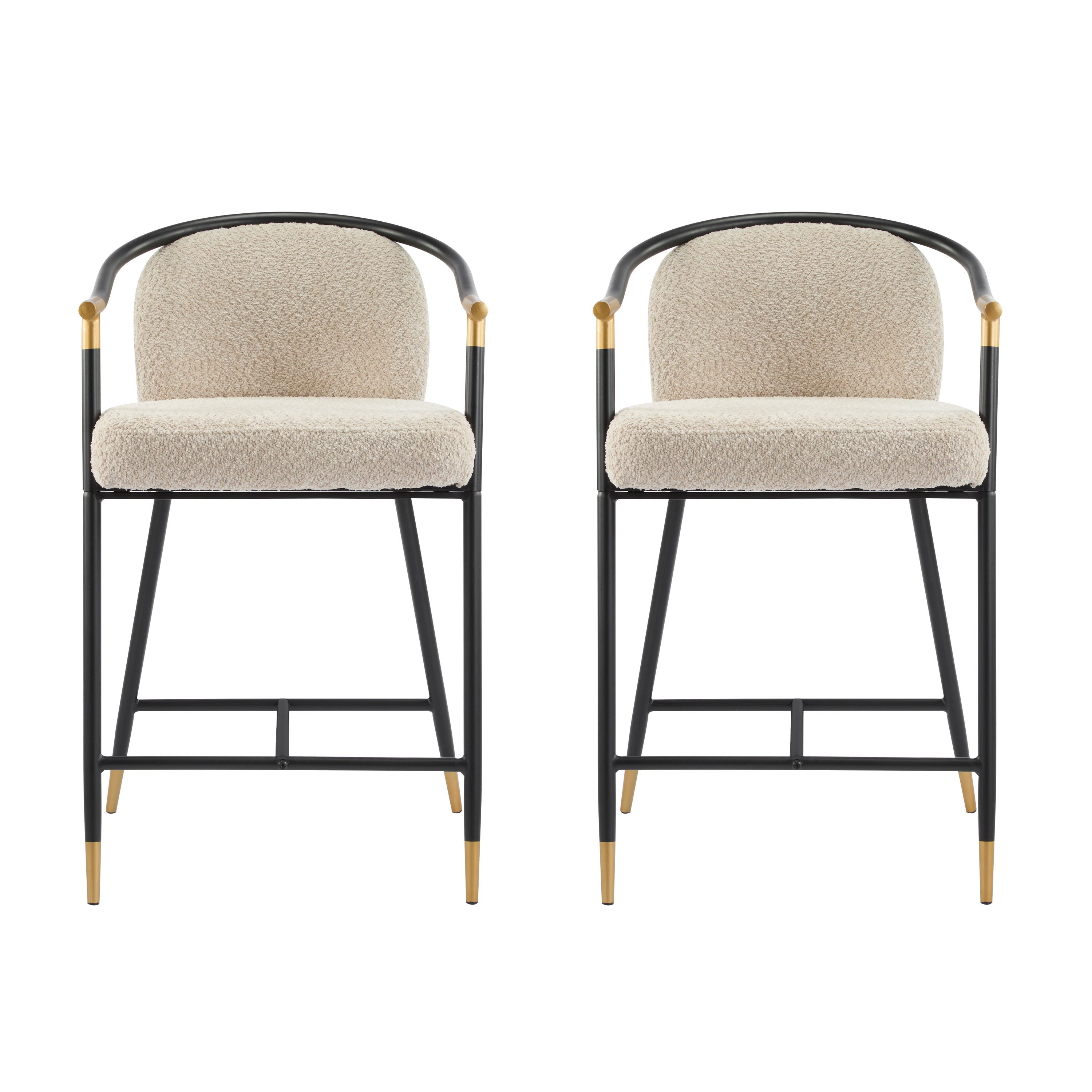 Counter Stool Set of 2, Almond Boucle with Black and Gold Frame