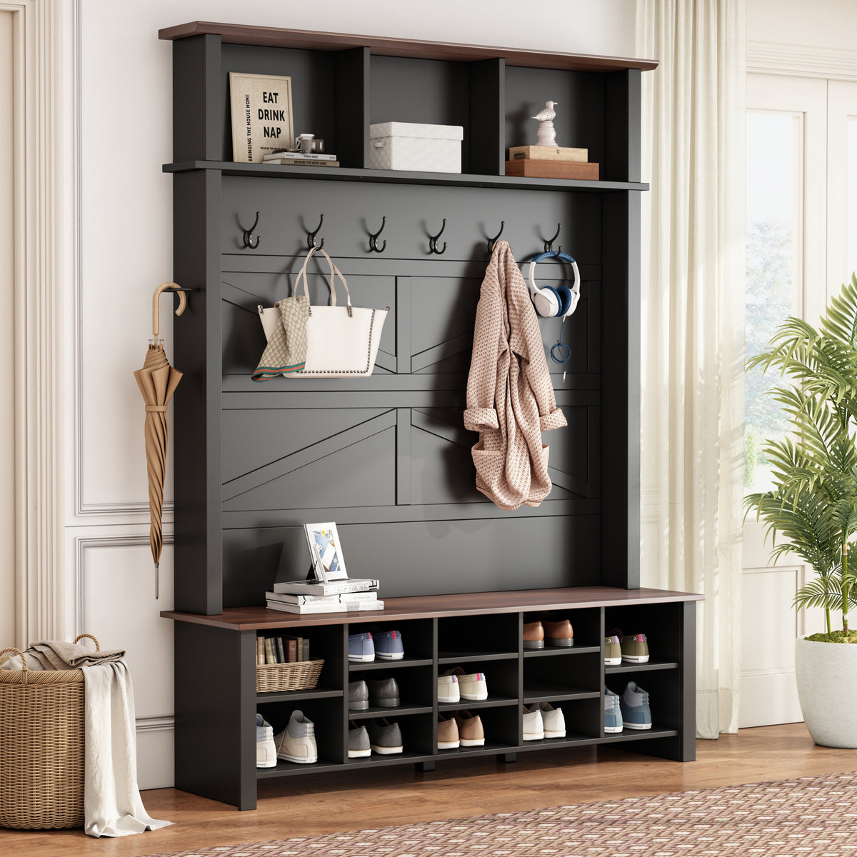 Black Hall Tree with Bench and Shoe Storage, 56.3 in Wide