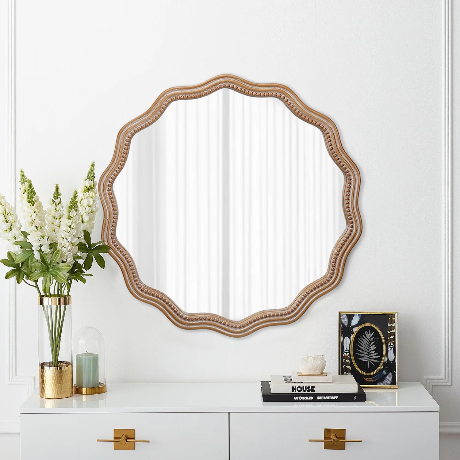 Scalloped Round Mirror, 23.62 in Wavy Wood Frame