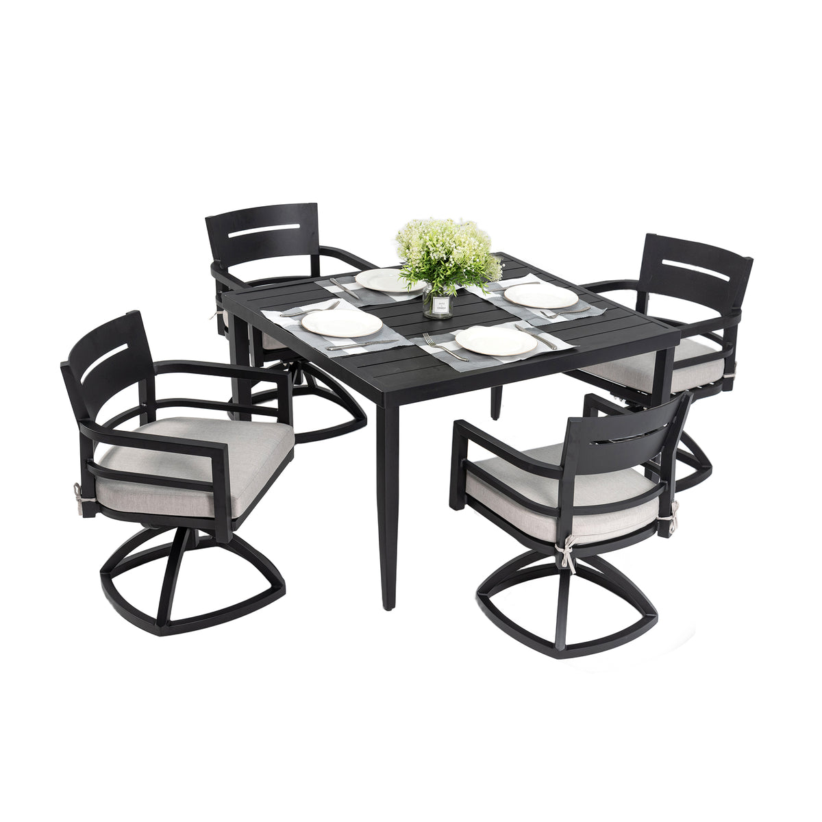 Black Aluminum 5-Piece Patio Dining Set for 4 with Cushions, Swivel