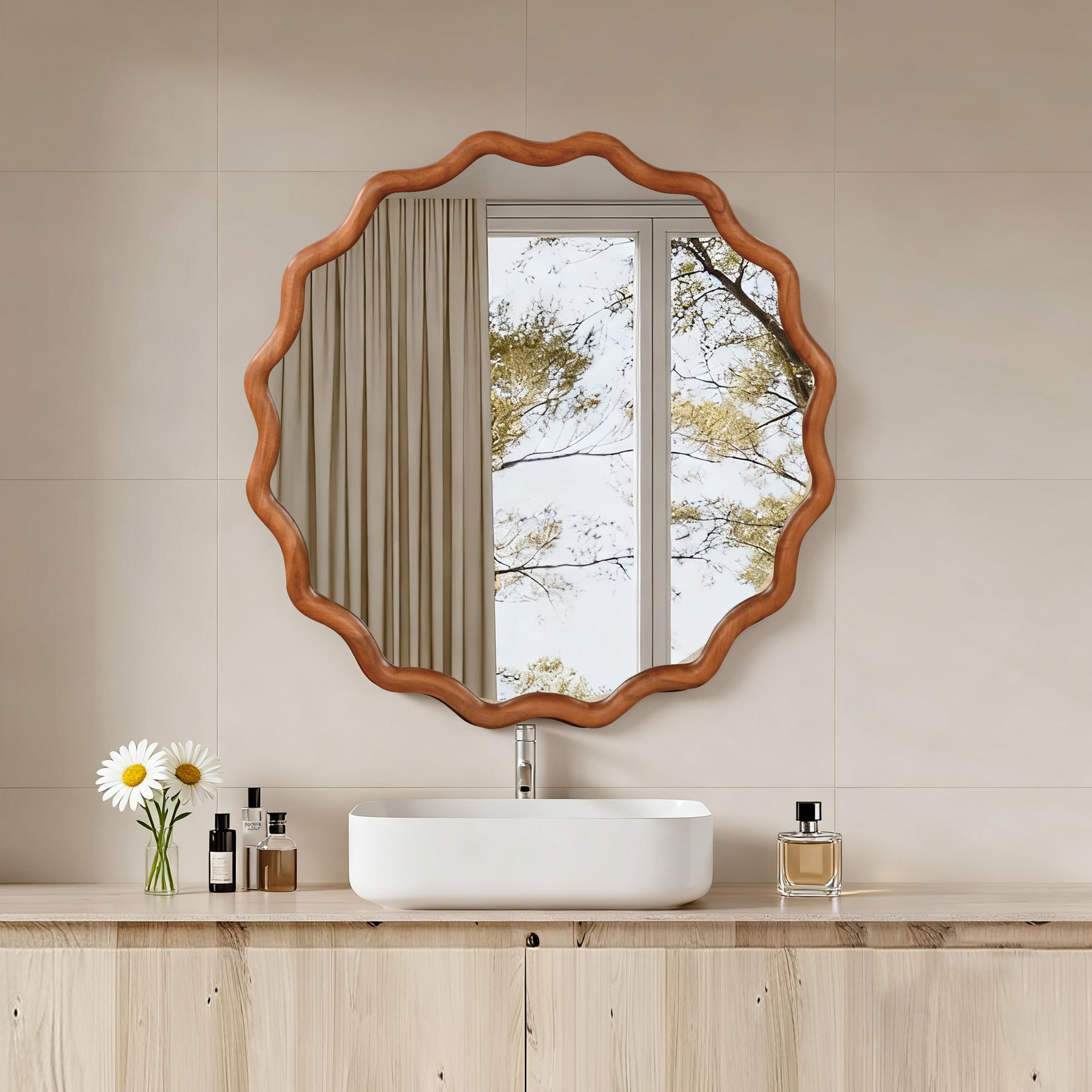 30 Inch Wavy Round Mirror, Solid Wood, Yellow Brown