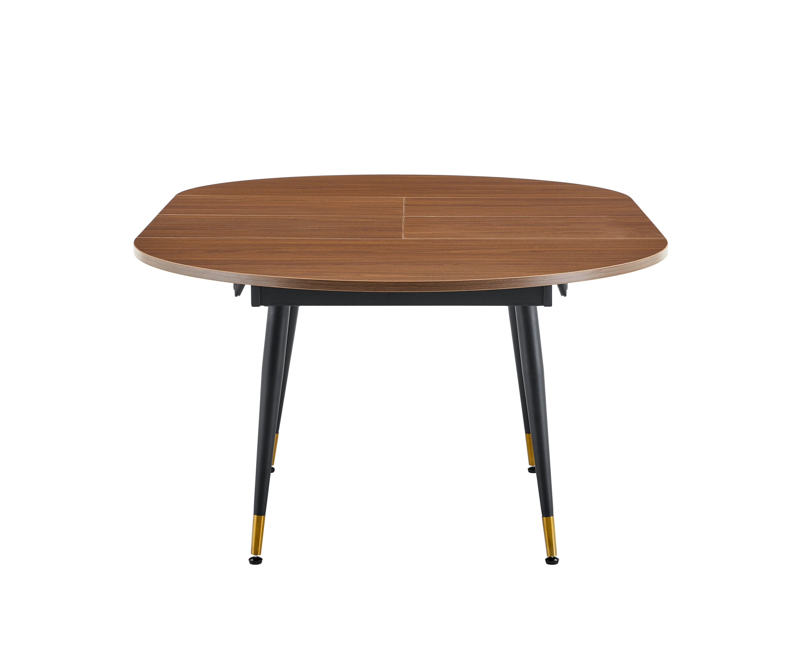 Front studio view of the walnut table extended to a squared shape