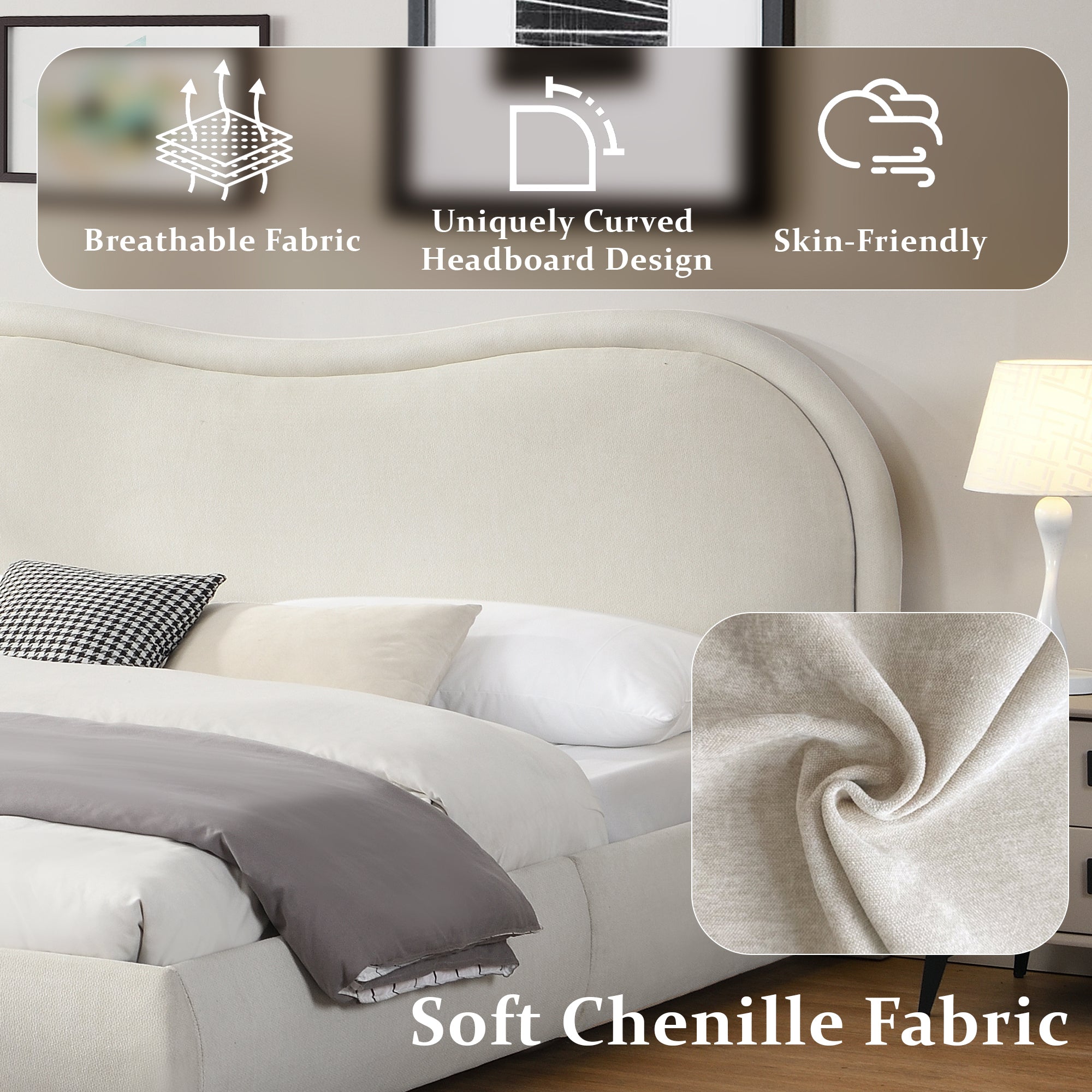 Close-up of curved chenille headboard showing soft breathable fabric texture