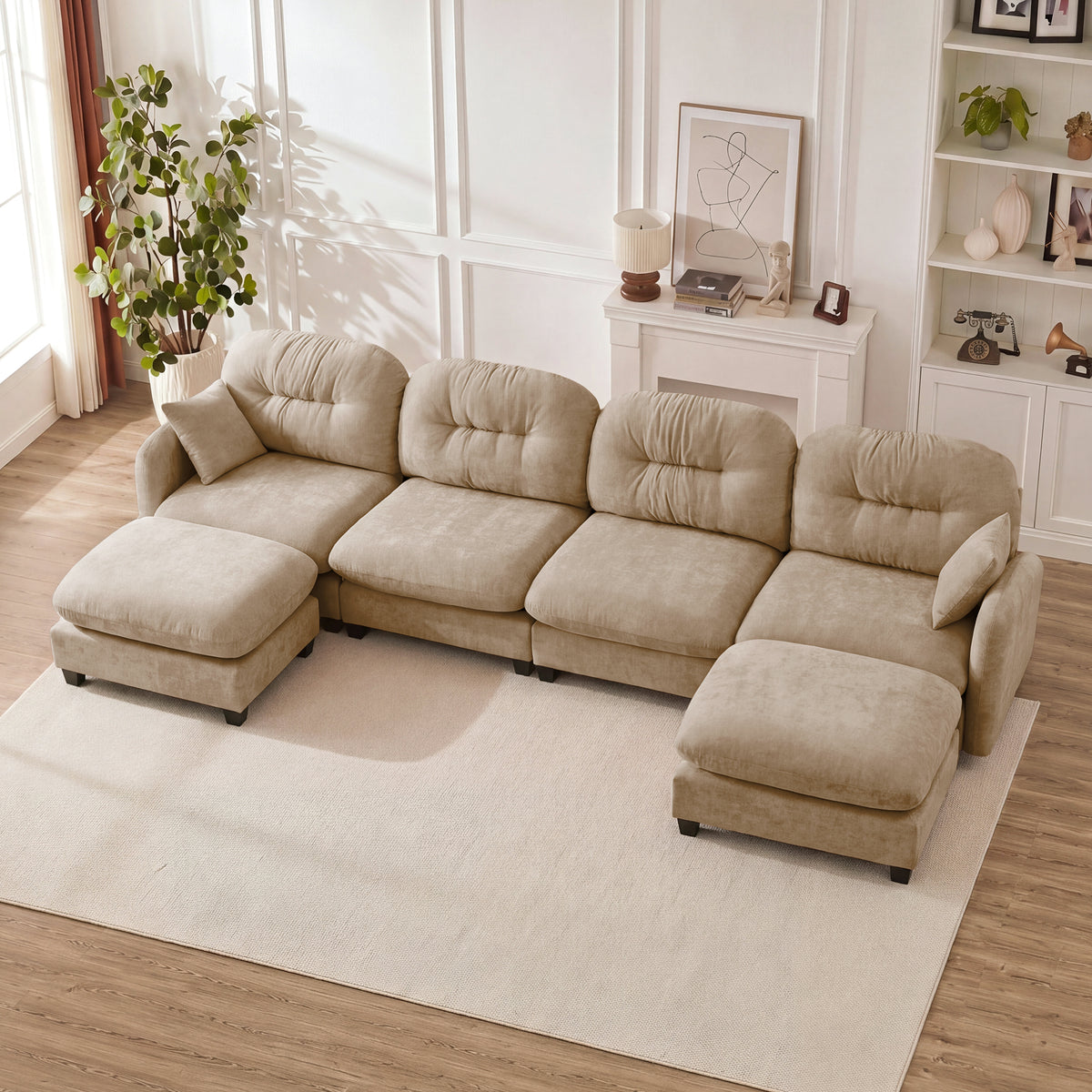 Camel Chenille Modular Sectional Couch with 2 Ottomans