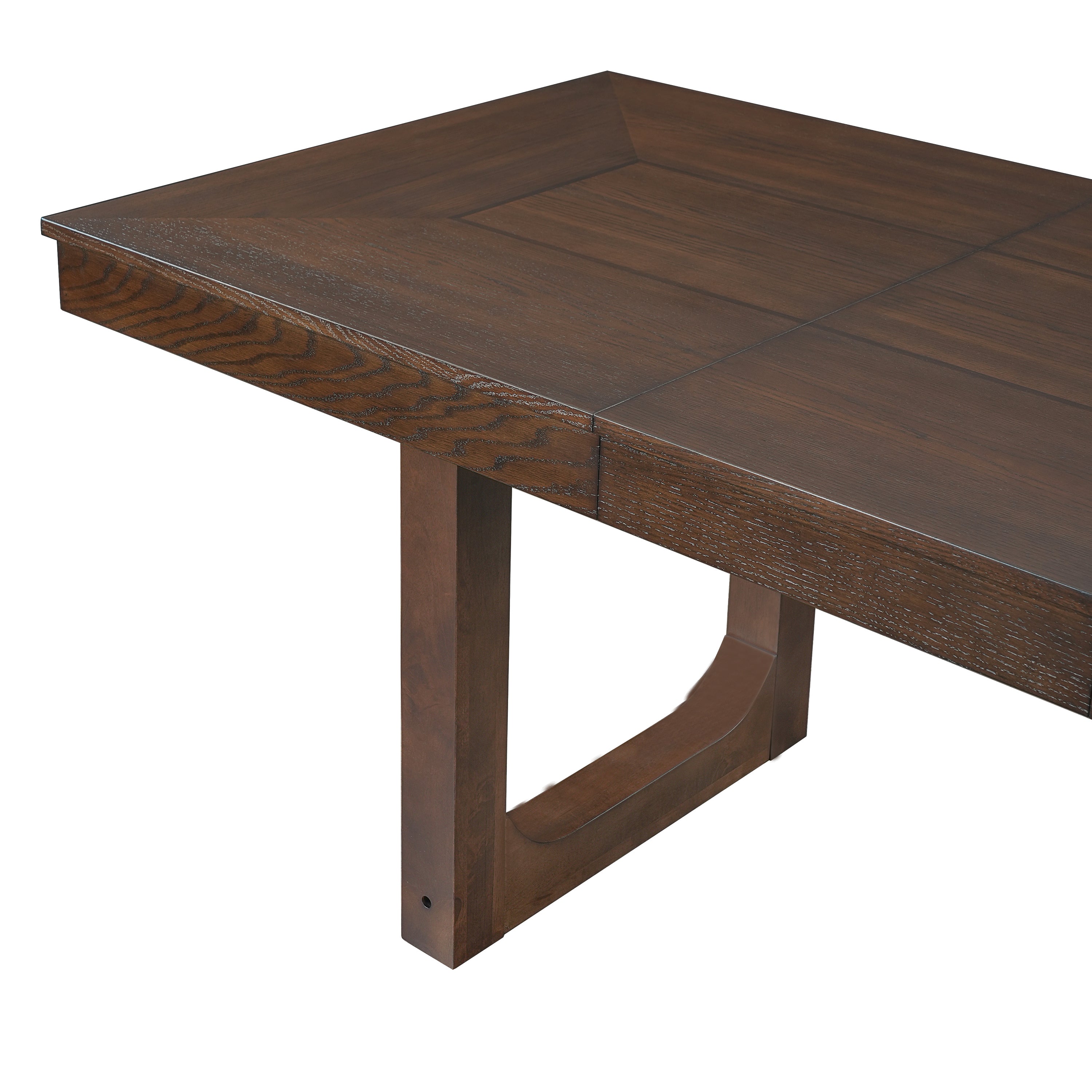 Close-up of a corner and U-shaped leg of the walnut dining table on white background