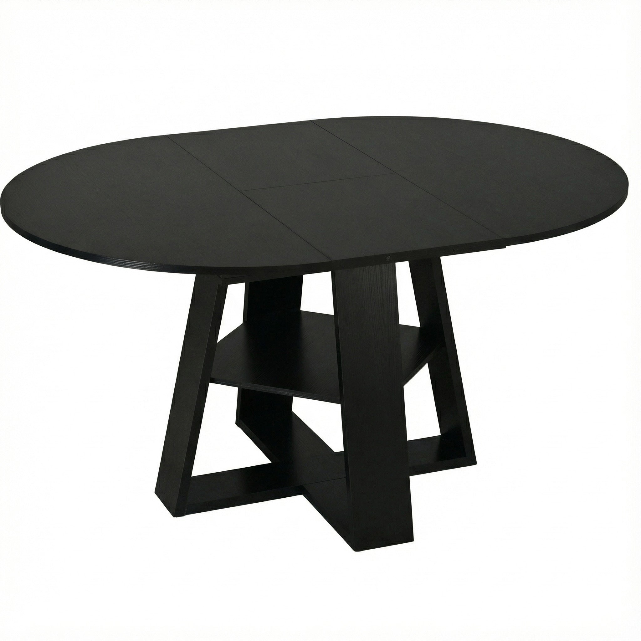 Front studio view of the black table extended to an oval shape