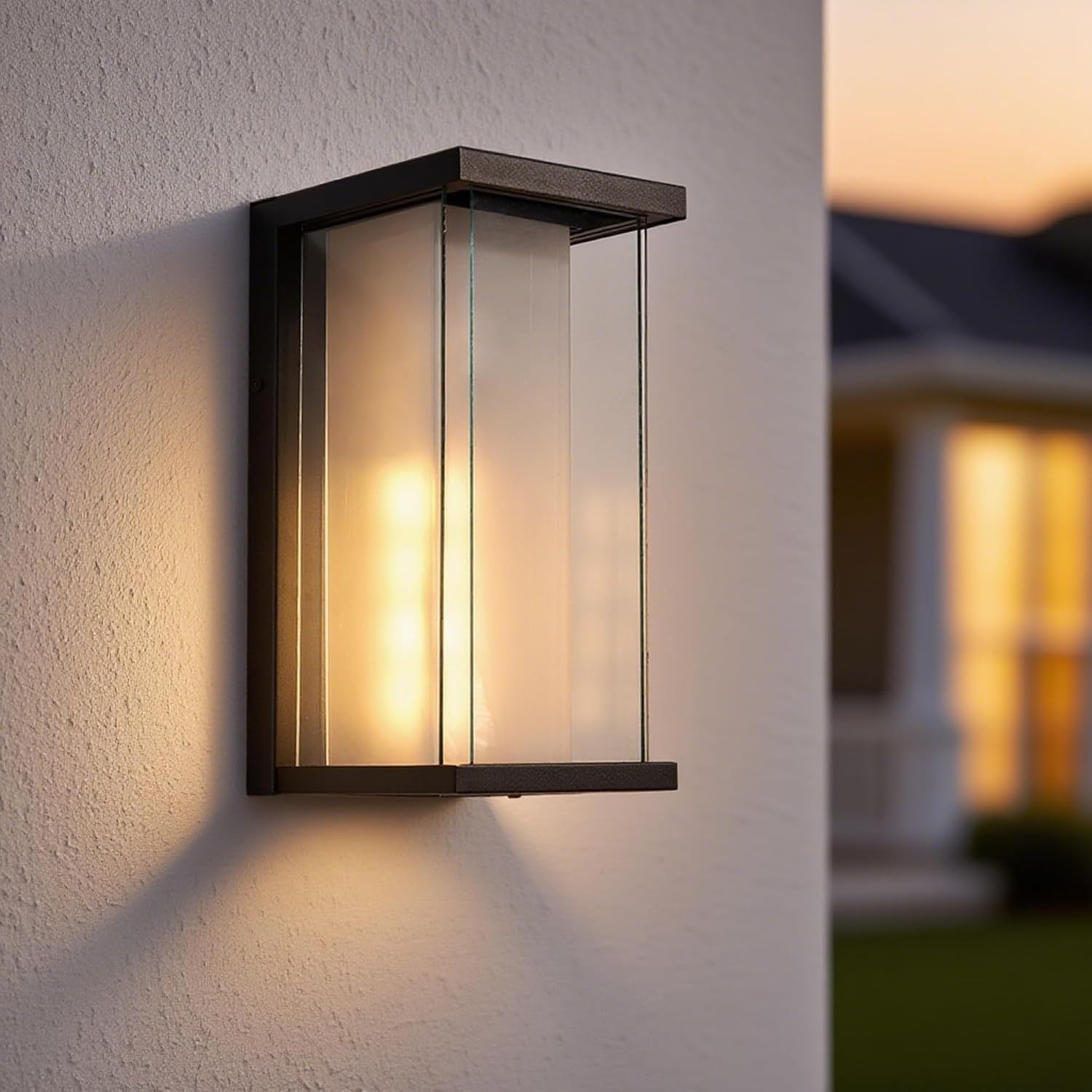 Outdoor Wall Sconce with Glass Shade, Dusk-to-Dawn, Black