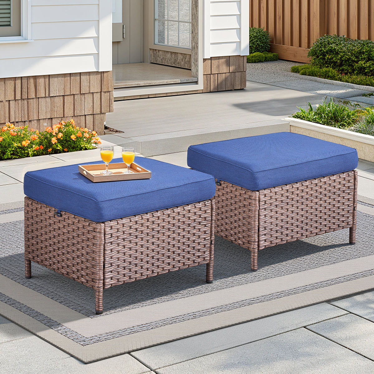 Brown Wicker Outdoor Ottoman with Blue Cushions, Set of 2, 17.8 in Tall