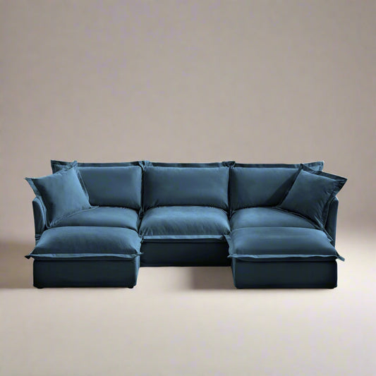 Fluffy Chenille 3-Seat Sofa – Navy with 2 Ottomans, Washable