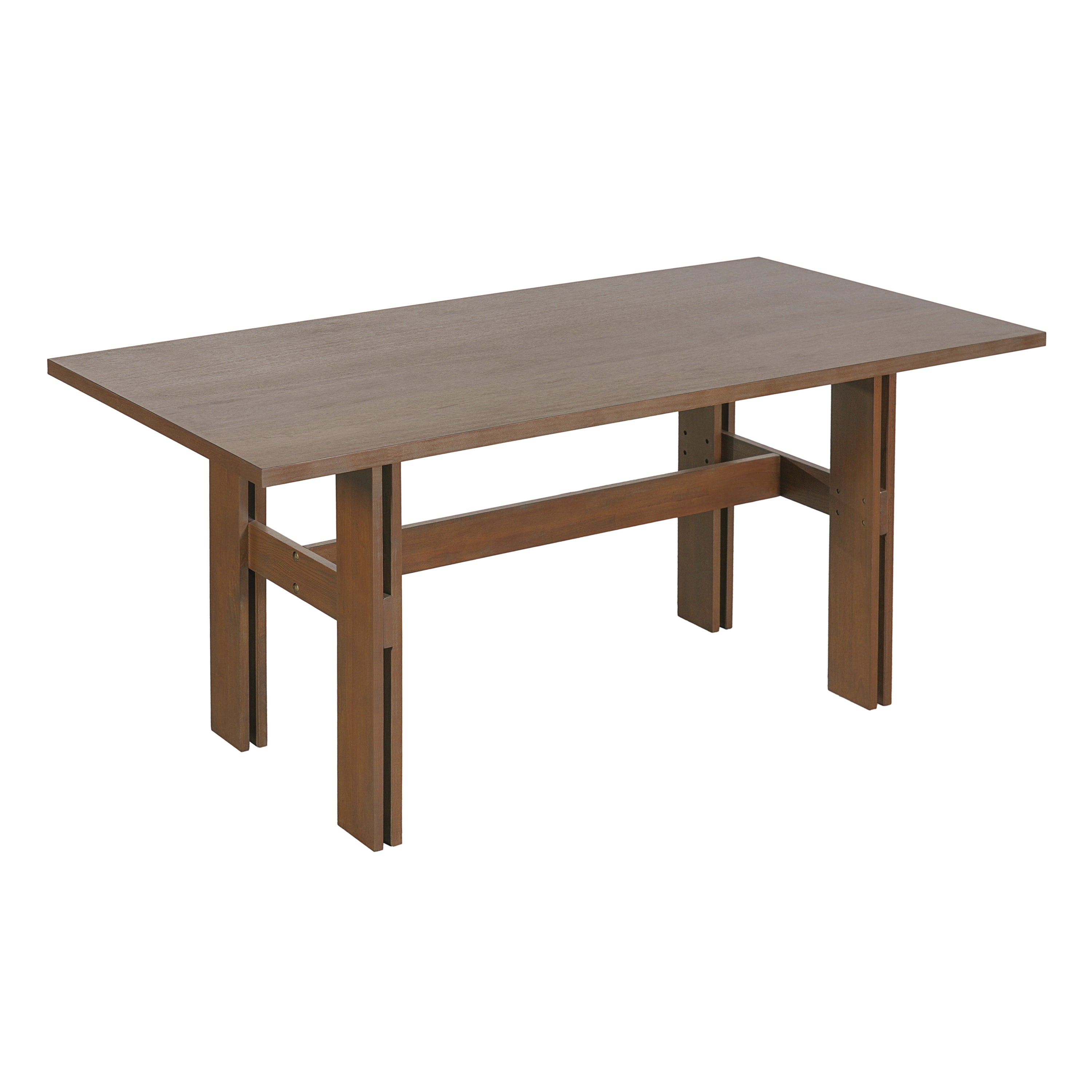 Three-quarter studio view of the walnut-tone rectangular dining table with plank crossbar legs, white background