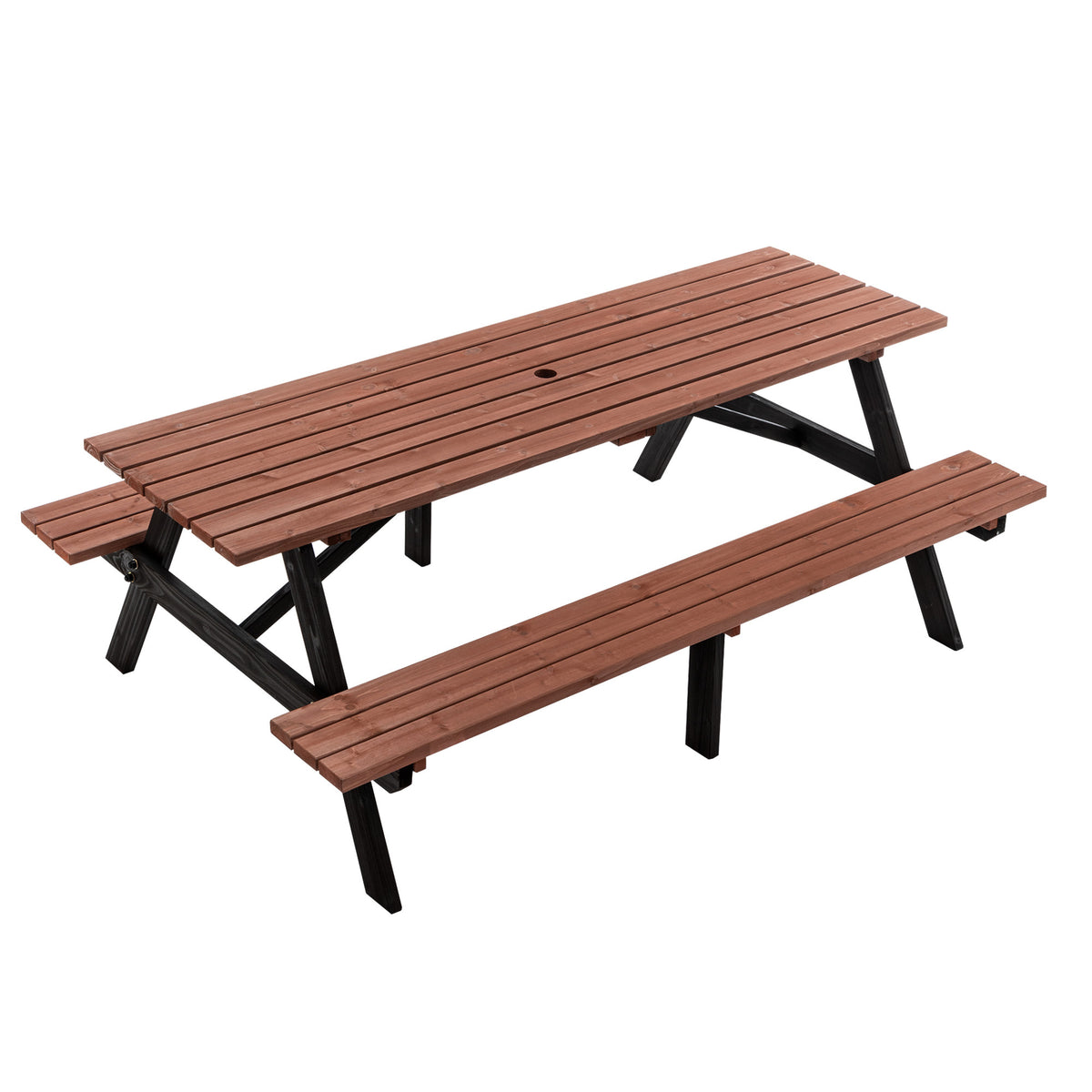 Brown Solid Wood Picnic Table with Umbrella Hole, 75 in Wide