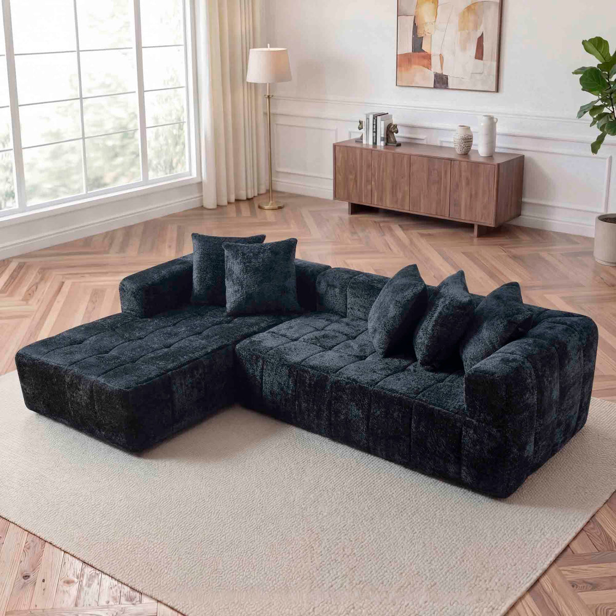 Black L-Shaped Modular Sectional Couch, 107.9 in Wide, Left-Facing