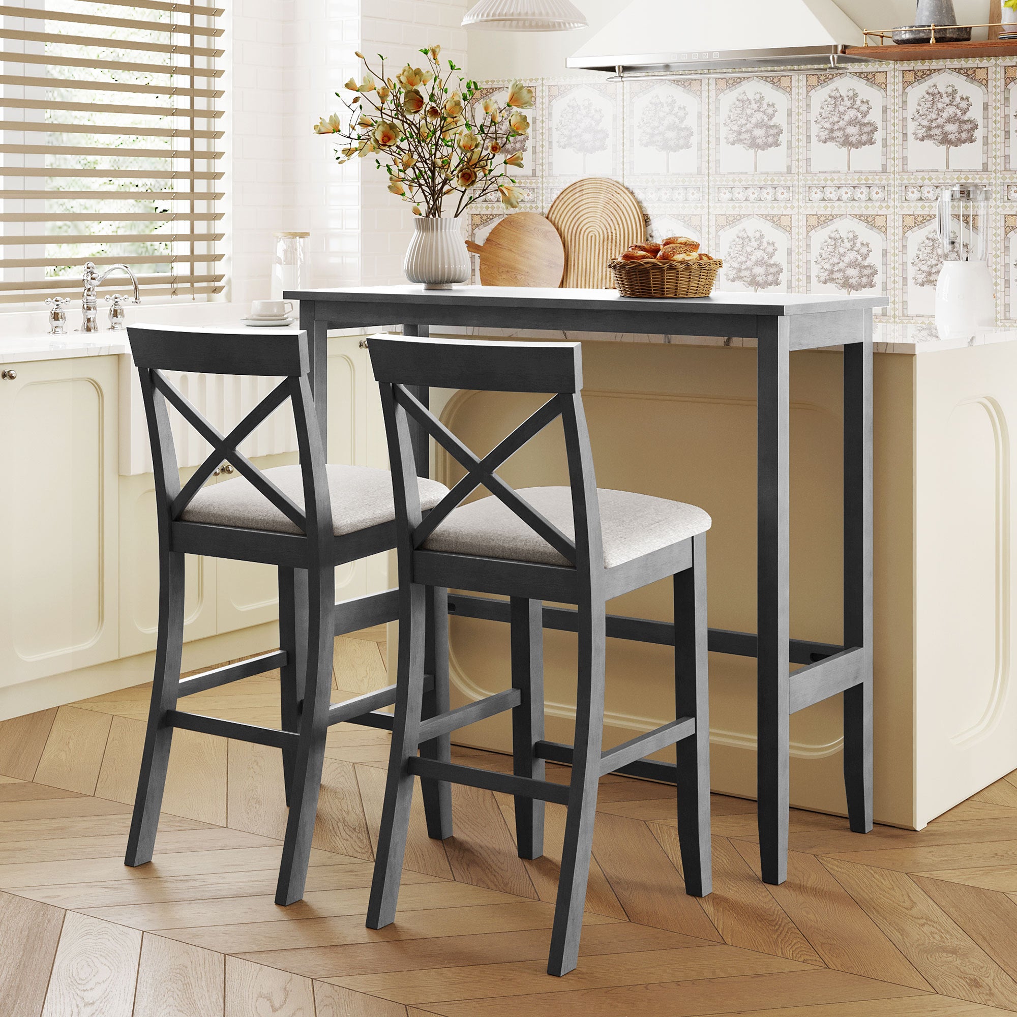 3-Piece Bar-Height Breakfast Nook, Gray Wood Table + 2 Chairs