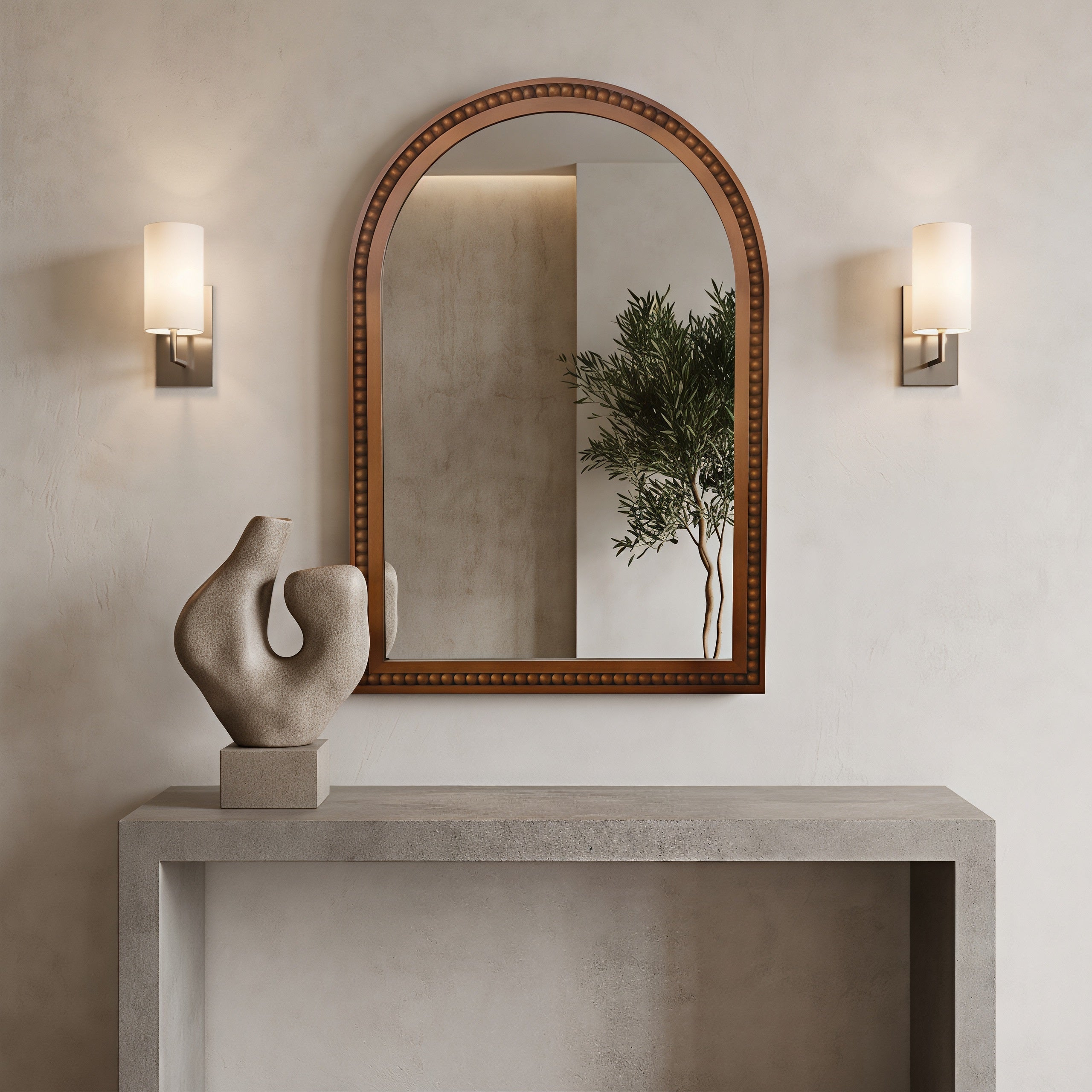 20x30 Beaded Arch Mirror, Dark Walnut Solid Wood