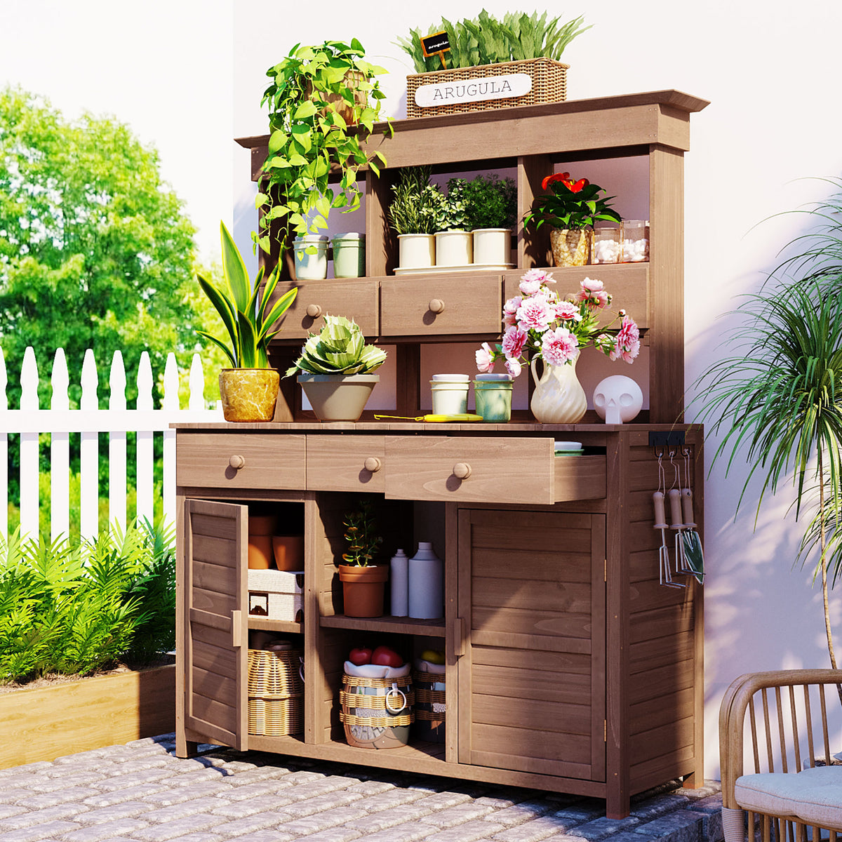 Brown Solid Wood Potting Bench, with Shelves