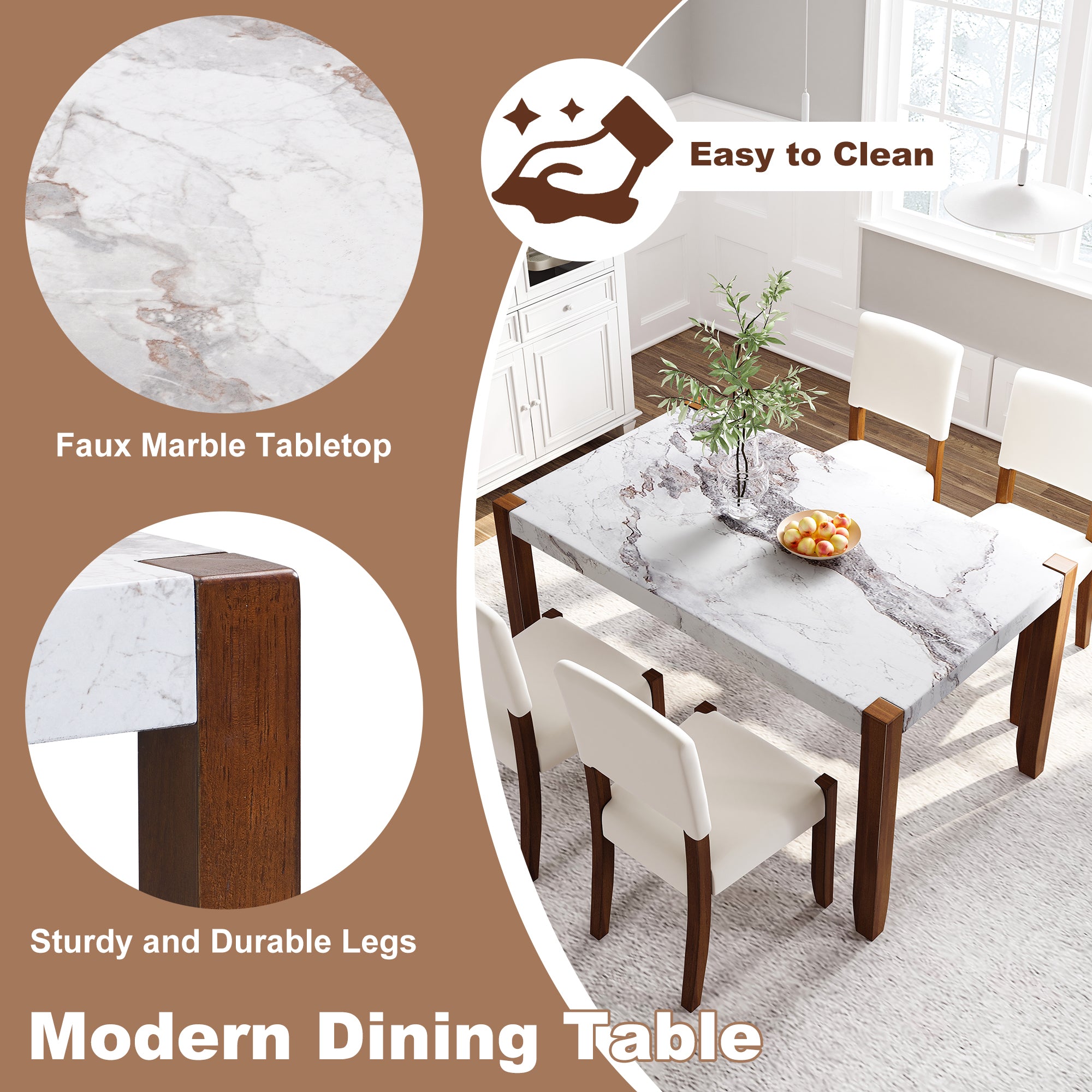 Feature graphic showing the faux marble tabletop, sturdy wood legs and easy-clean surface in a dining room