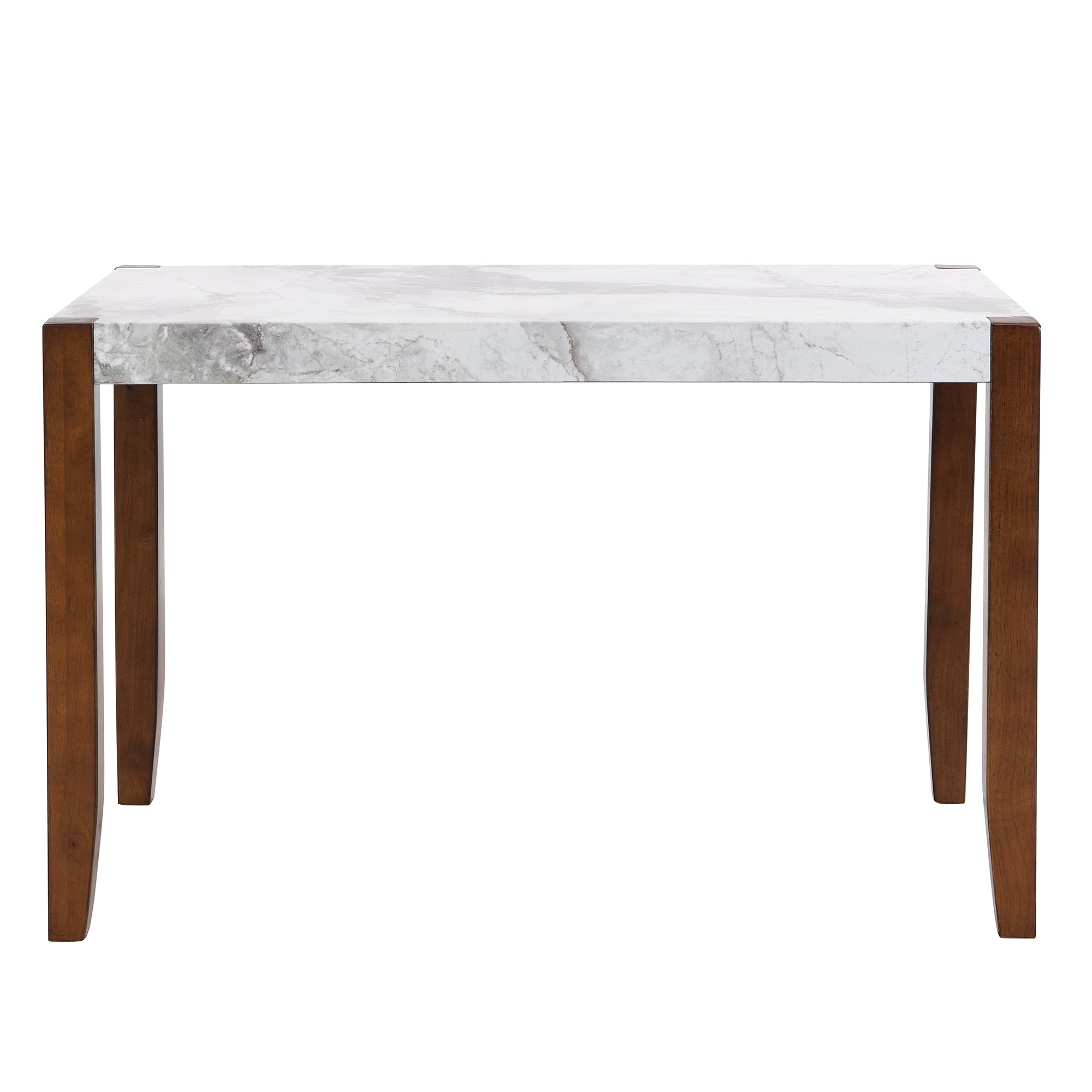 Front elevation of the white faux marble dining table with brown tapered legs, plain white background