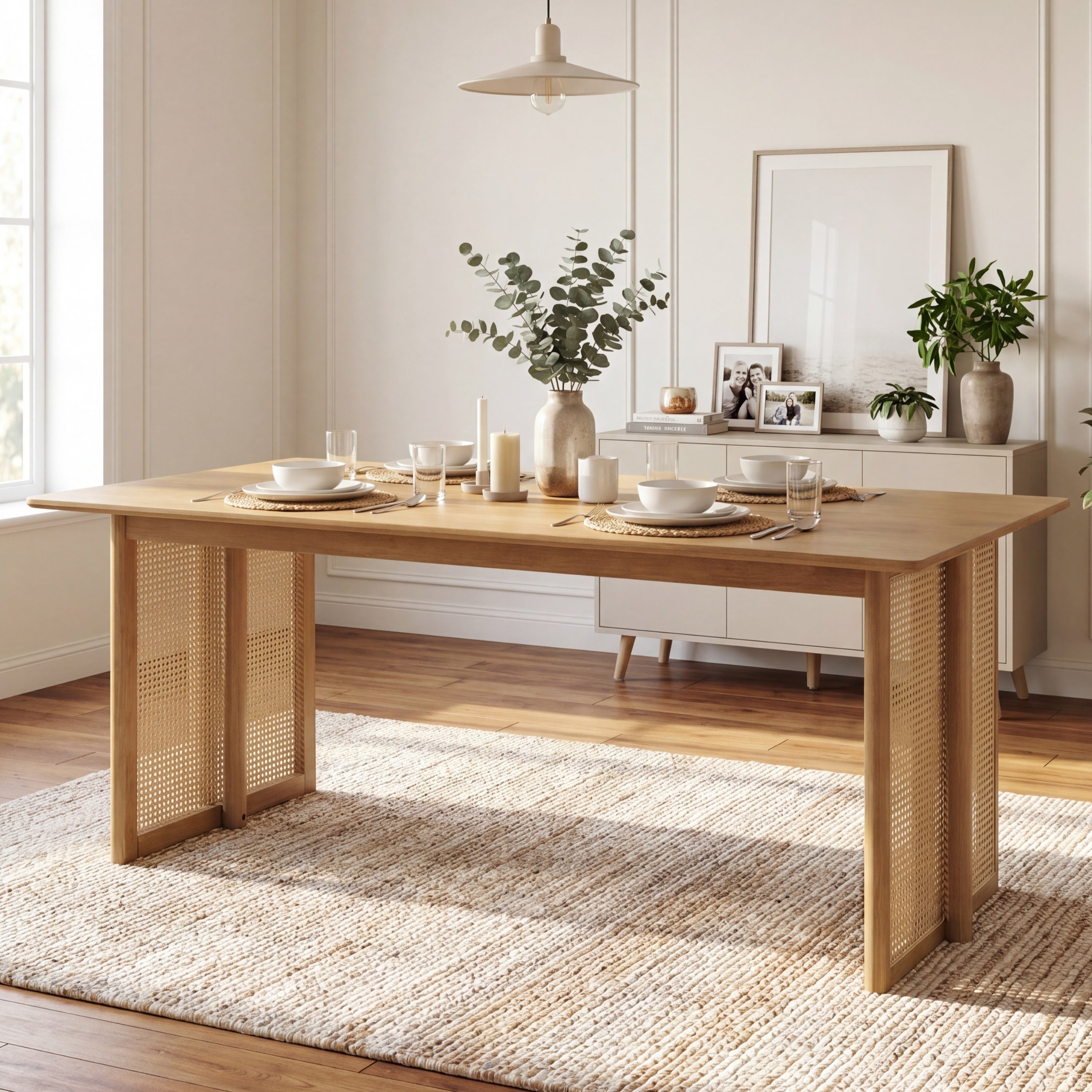 Rubberwood dining table with cane legs staged with eucalyptus and a sideboard in a bright room