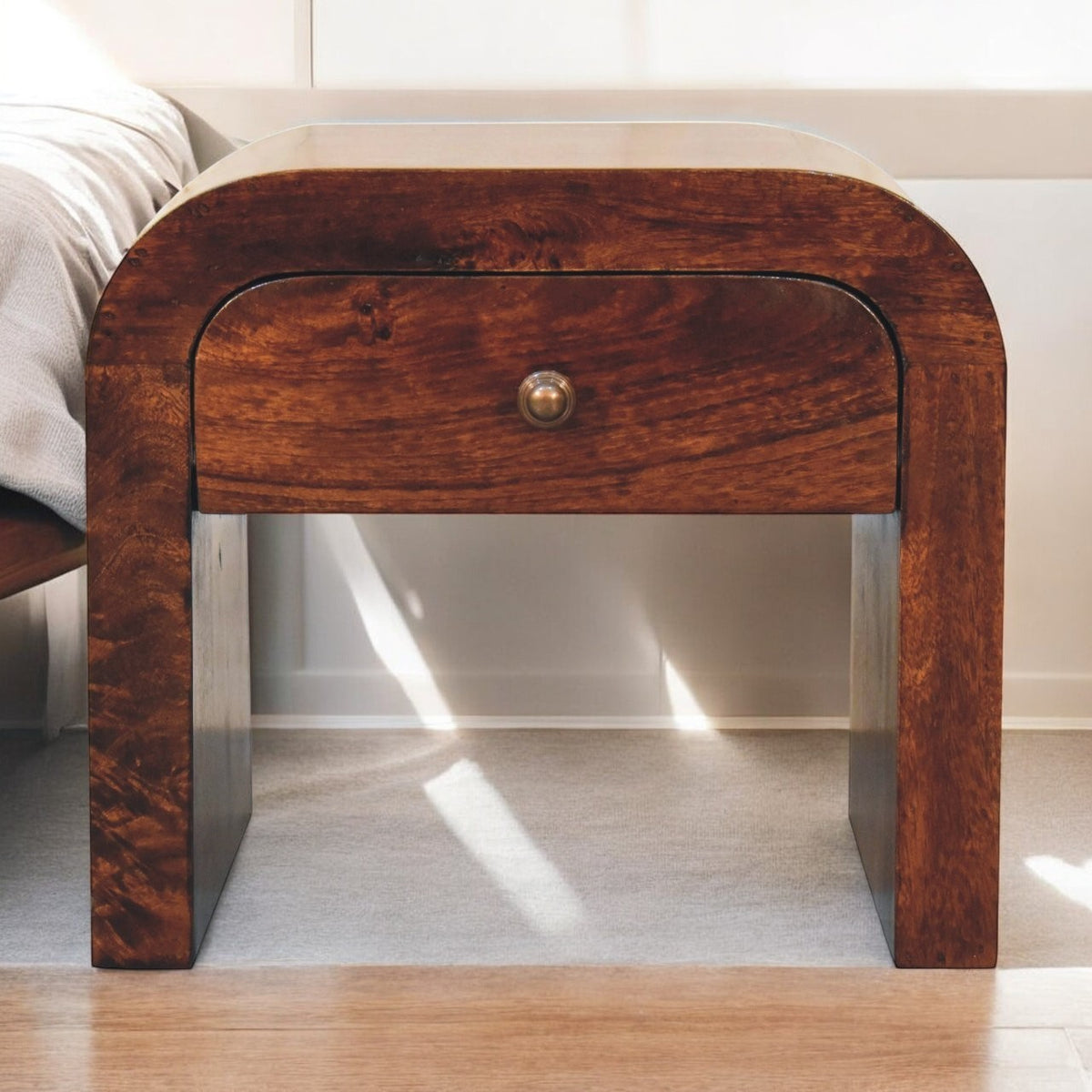 Curved Solid Mango Wood Nightstand with Drawer, Walnut Finish