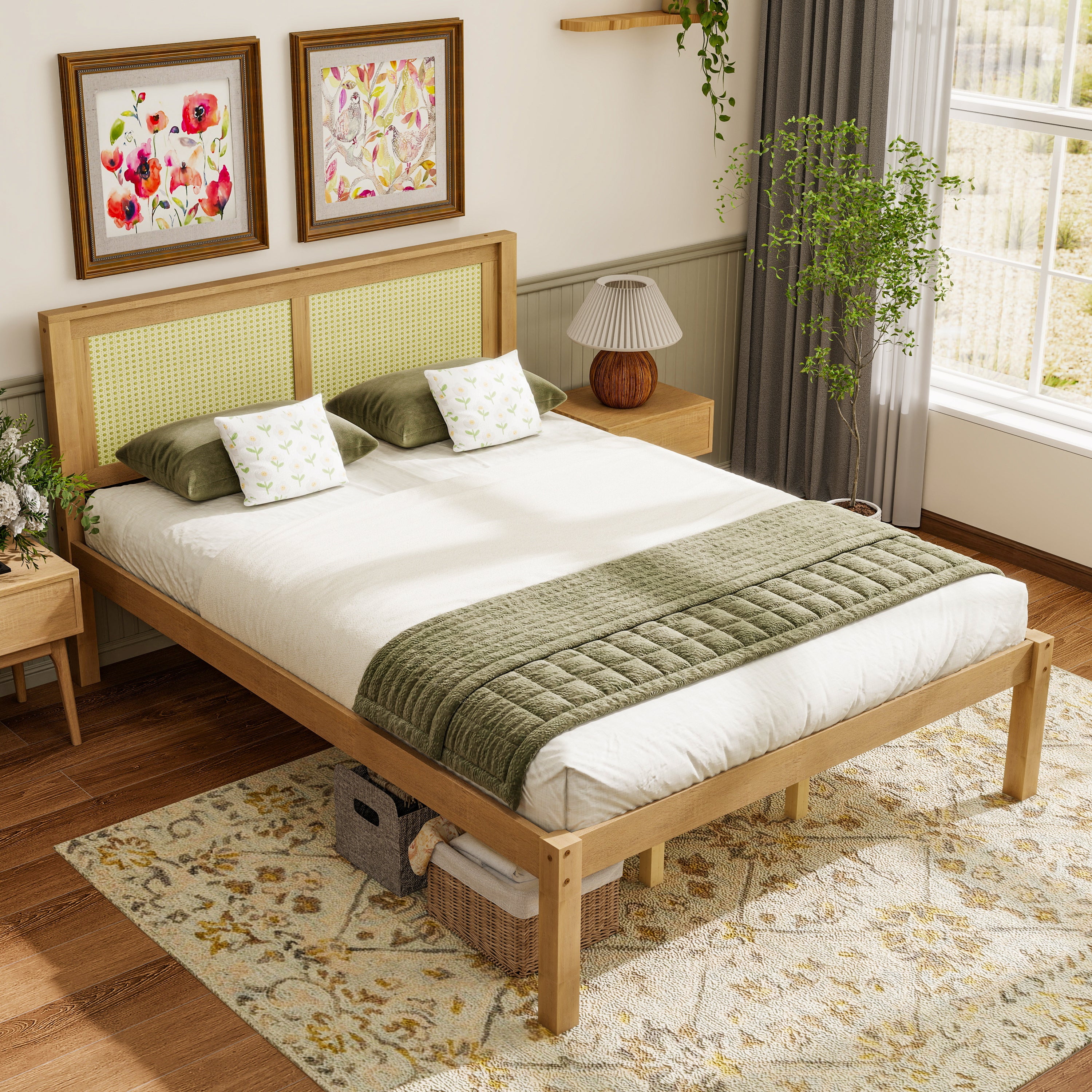 Angled view of the wooden queen bed with woven cane headboard beside a nightstand, lamp and plant