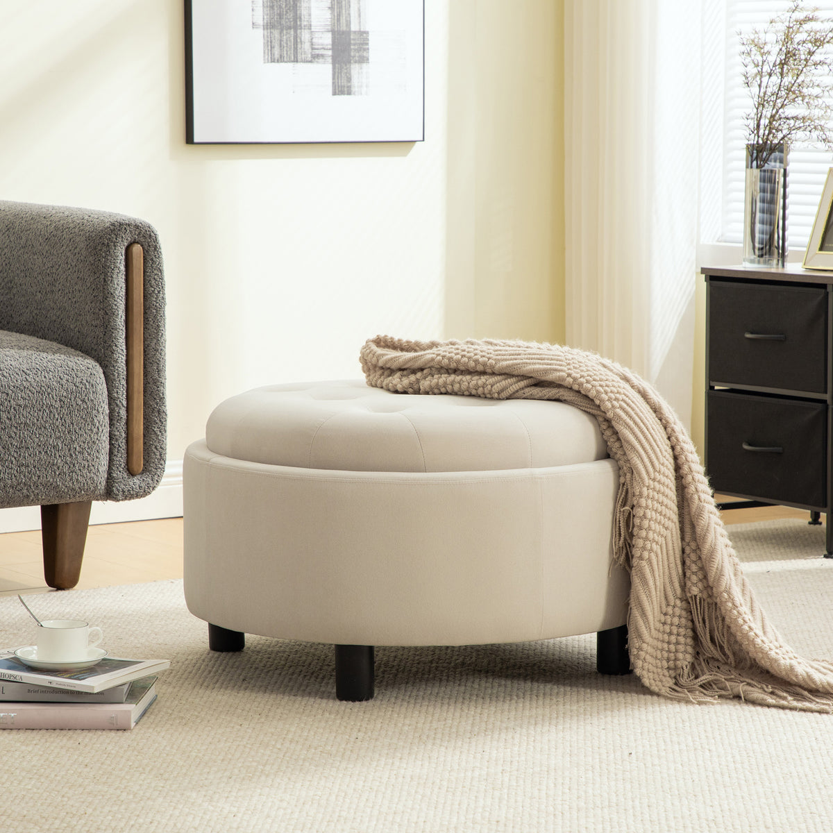 Beige Round Storage Ottoman, 29.3 in