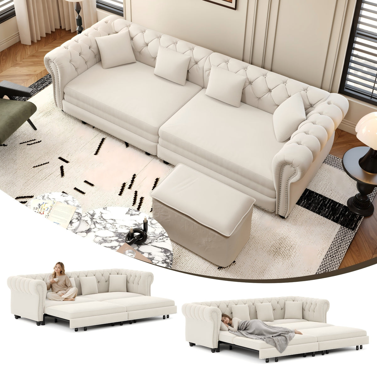 Beige Velvet 3-Seat King Sleeper Sofa with Ottoman, 89 in Wide