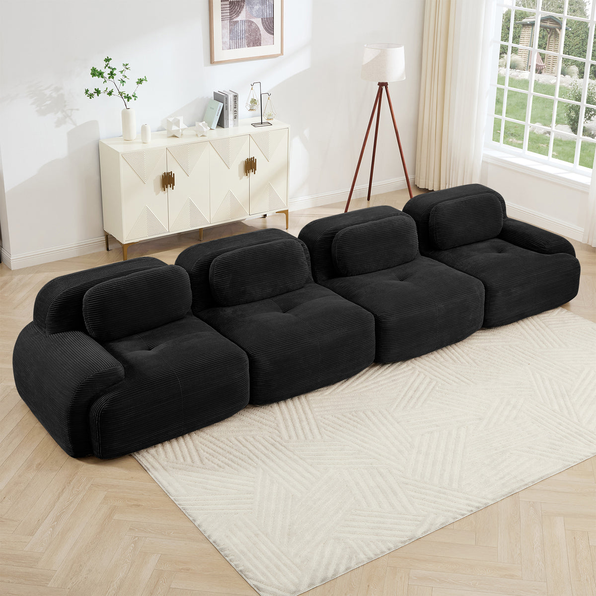 Black Corduroy Modular 4-Seat Couch