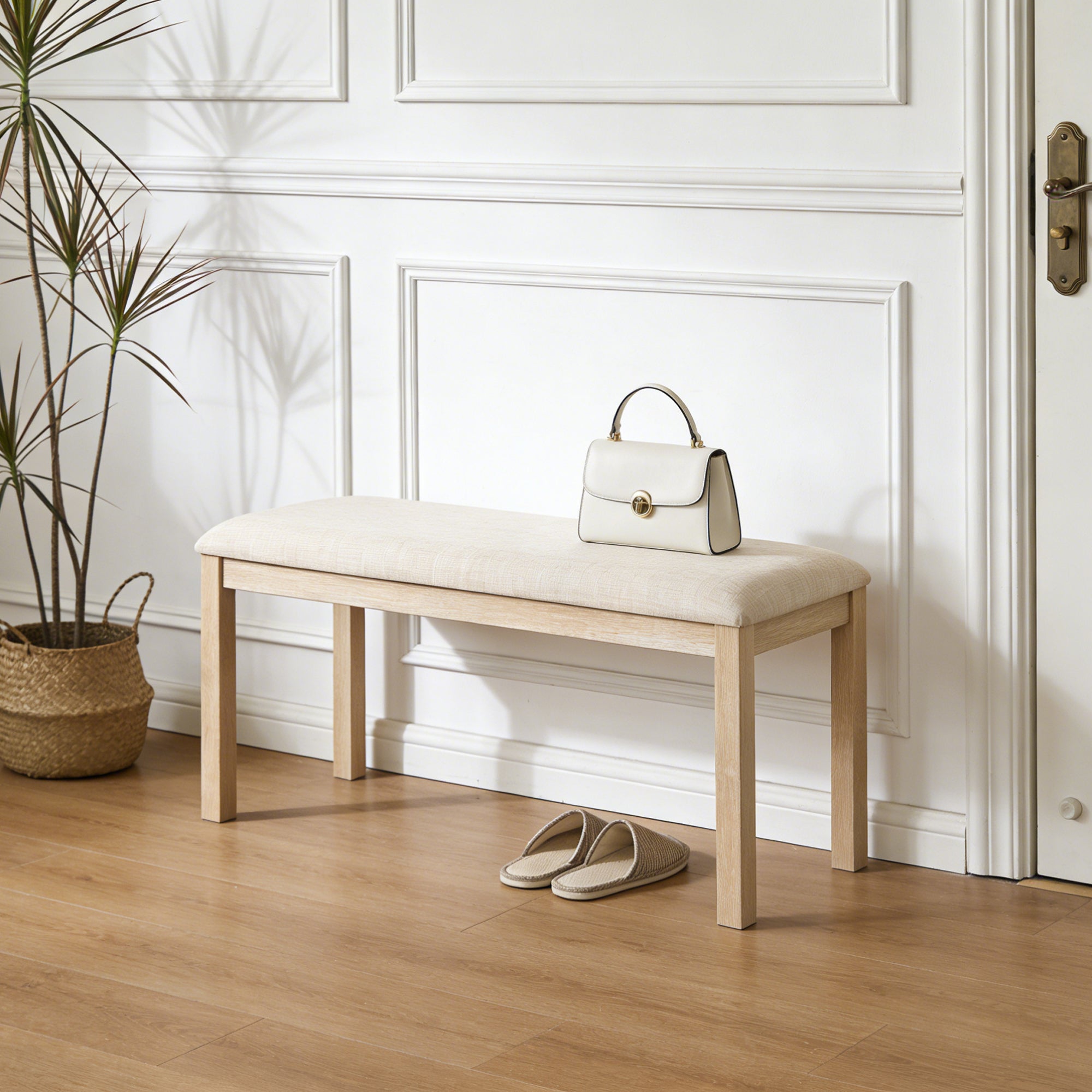 Linen Dining Bench, 38 in Beige with Light Oak Legs