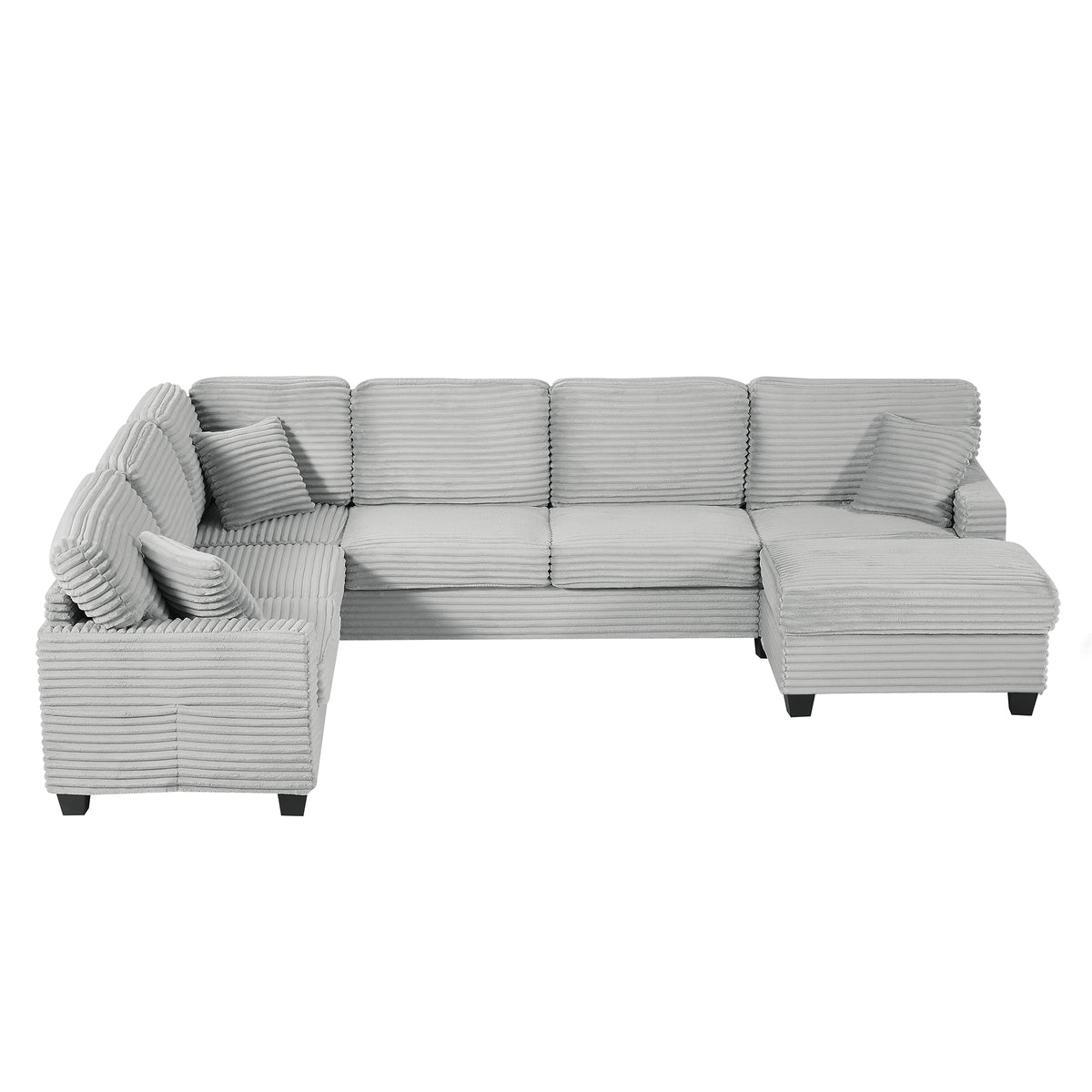 Gray Corduroy L-Shaped Sectional Couch with Ottoman, 125.2 in Wide