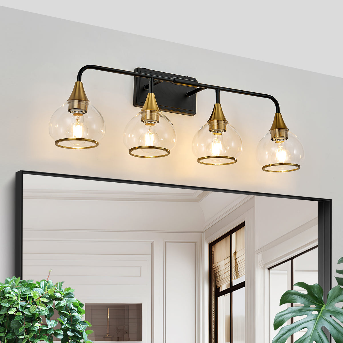 Vanity Light with 4 Lights, Wet-Rated Wall Fixture, Black and Gold