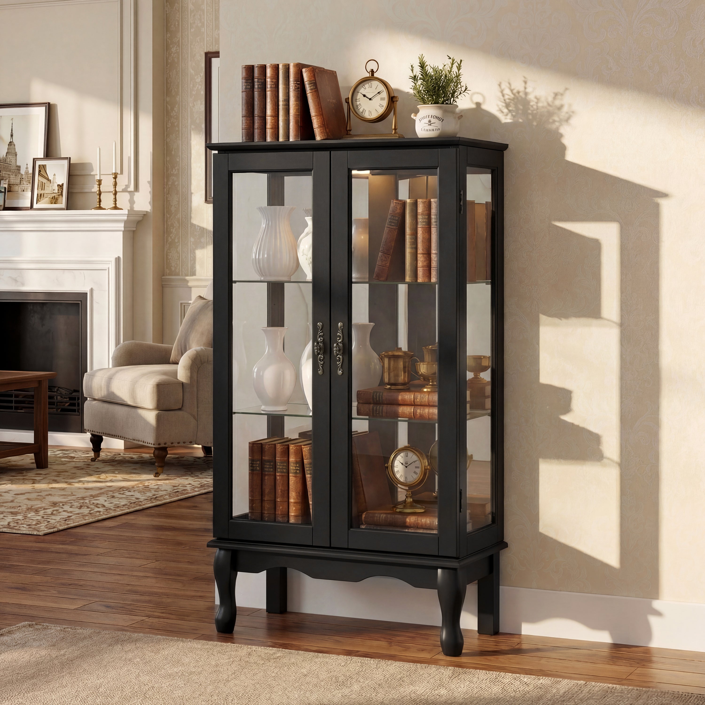 Black Lighted Curio Display Cabinet, 3-Shelf with 2 Glass Doors