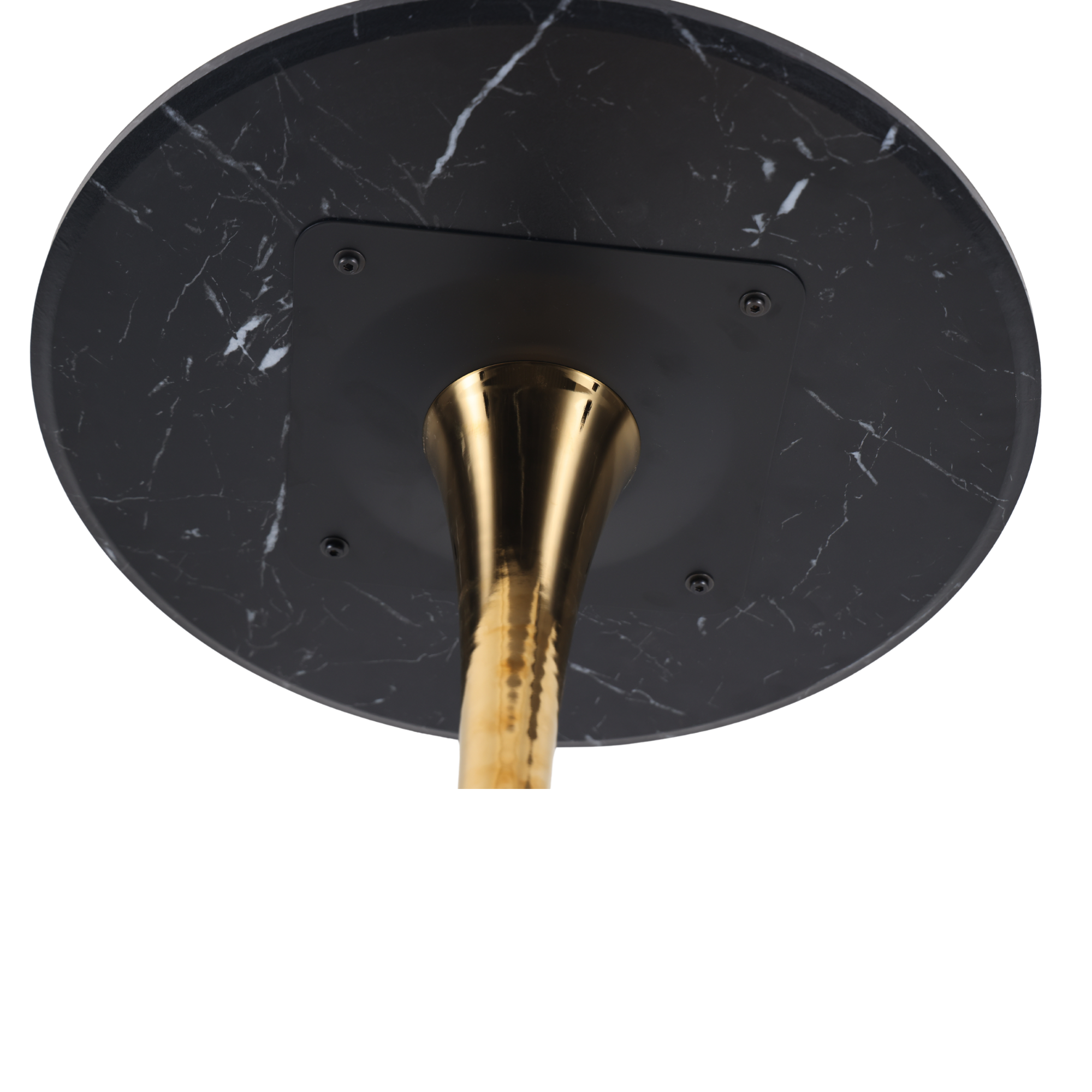 Underside view showing the gold pedestal mounting bracket and screws on the marble top