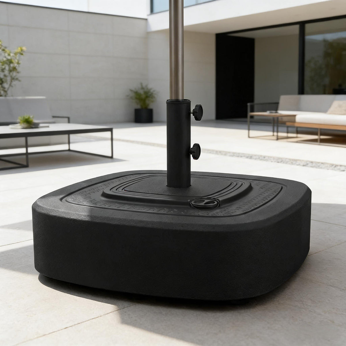 Black Patio Umbrella Base with Wheels, 110 lb Sand Capacity