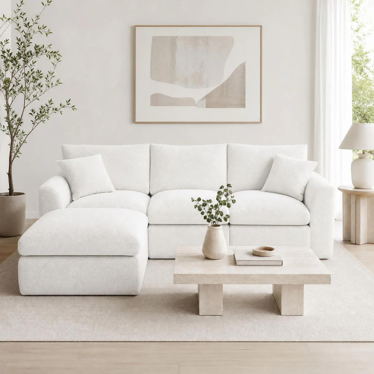 White L-Shaped Modular Sectional Couch with Ottoman, 106.7 in Wide