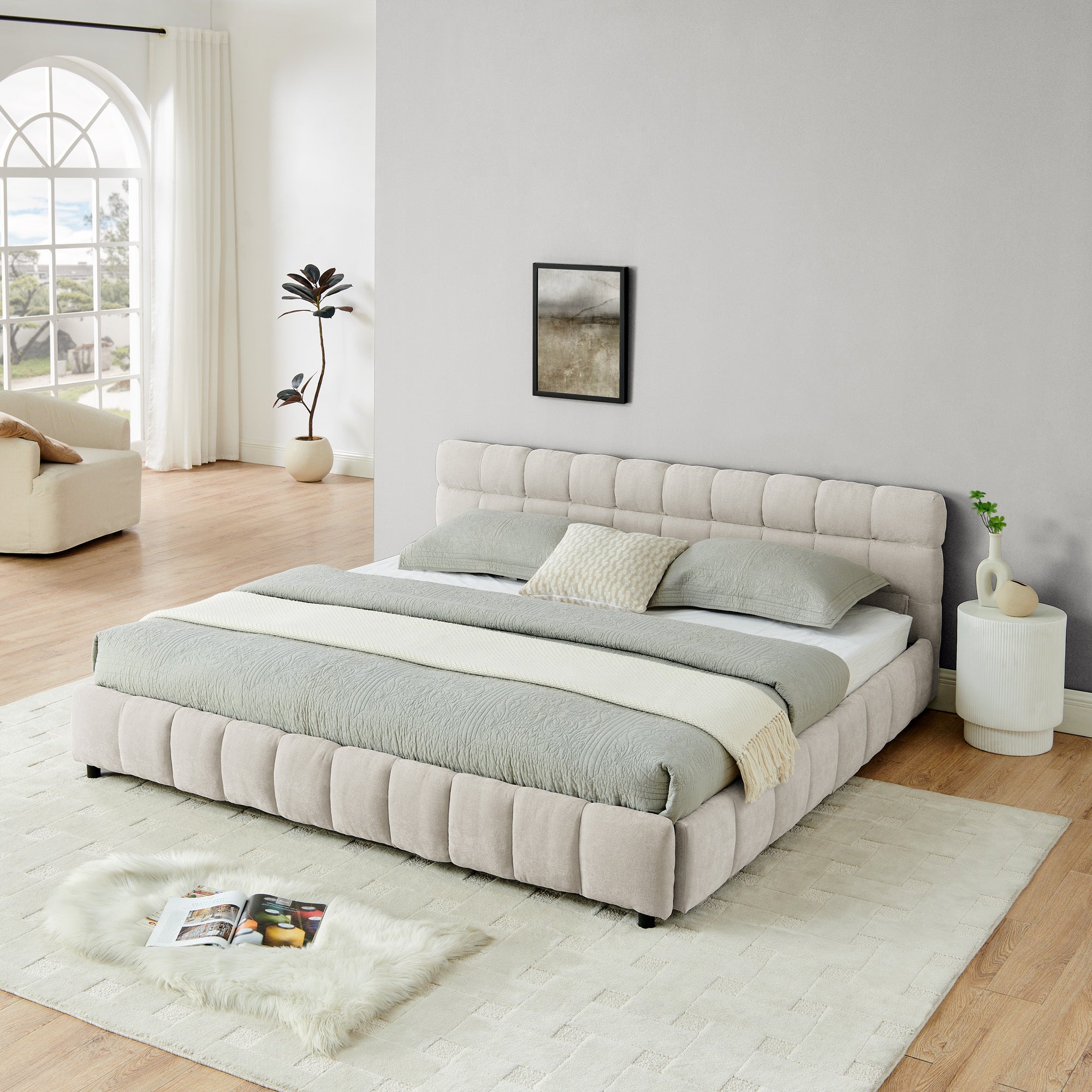 Labeled dimension diagram of king bed frame and drawer size in inches