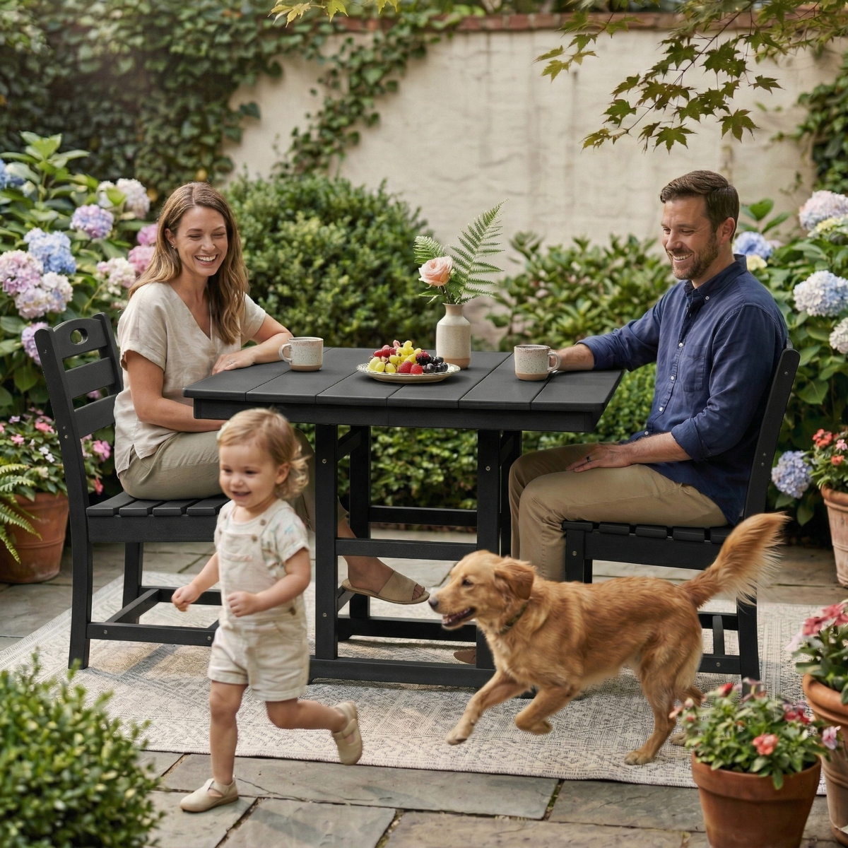 Black HDPE 3-Piece Patio Dining Set for 2