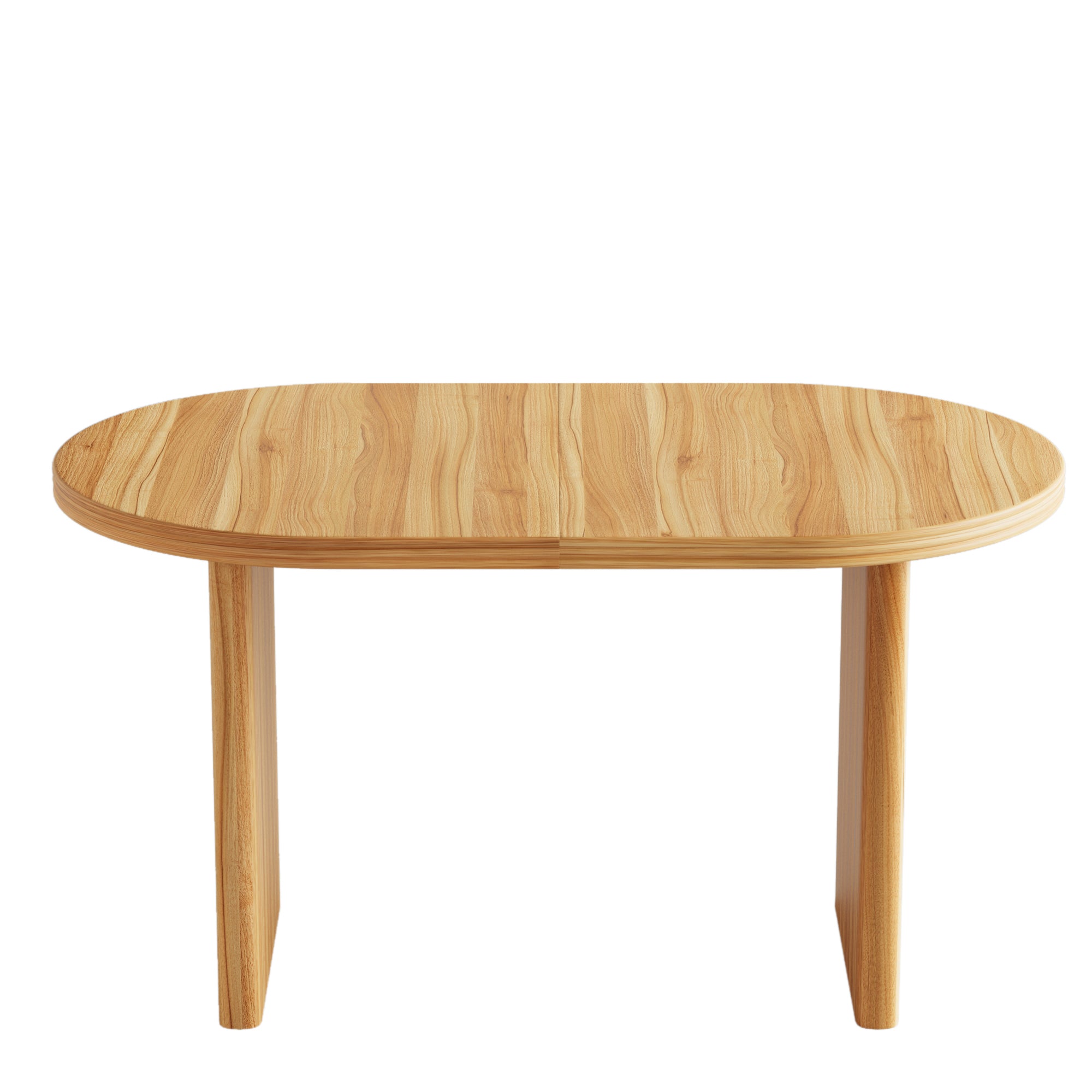 Three-quarter studio view of the natural wood oval table at closed length