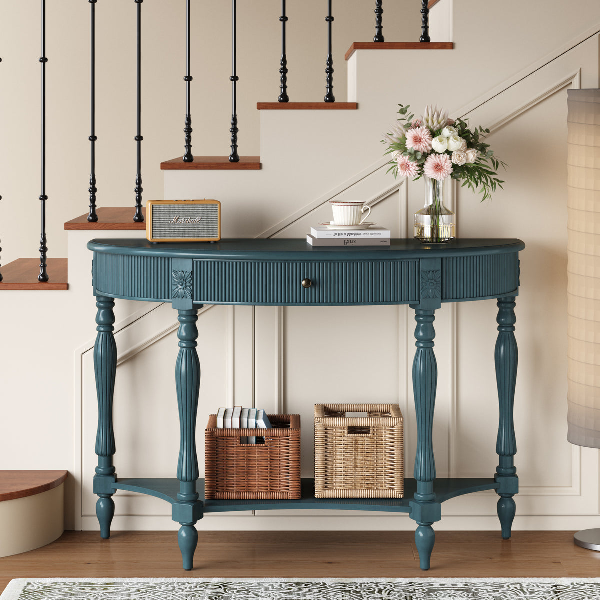 Blue Fluted Entryway Console Table with Storage, 45.3 in Wide