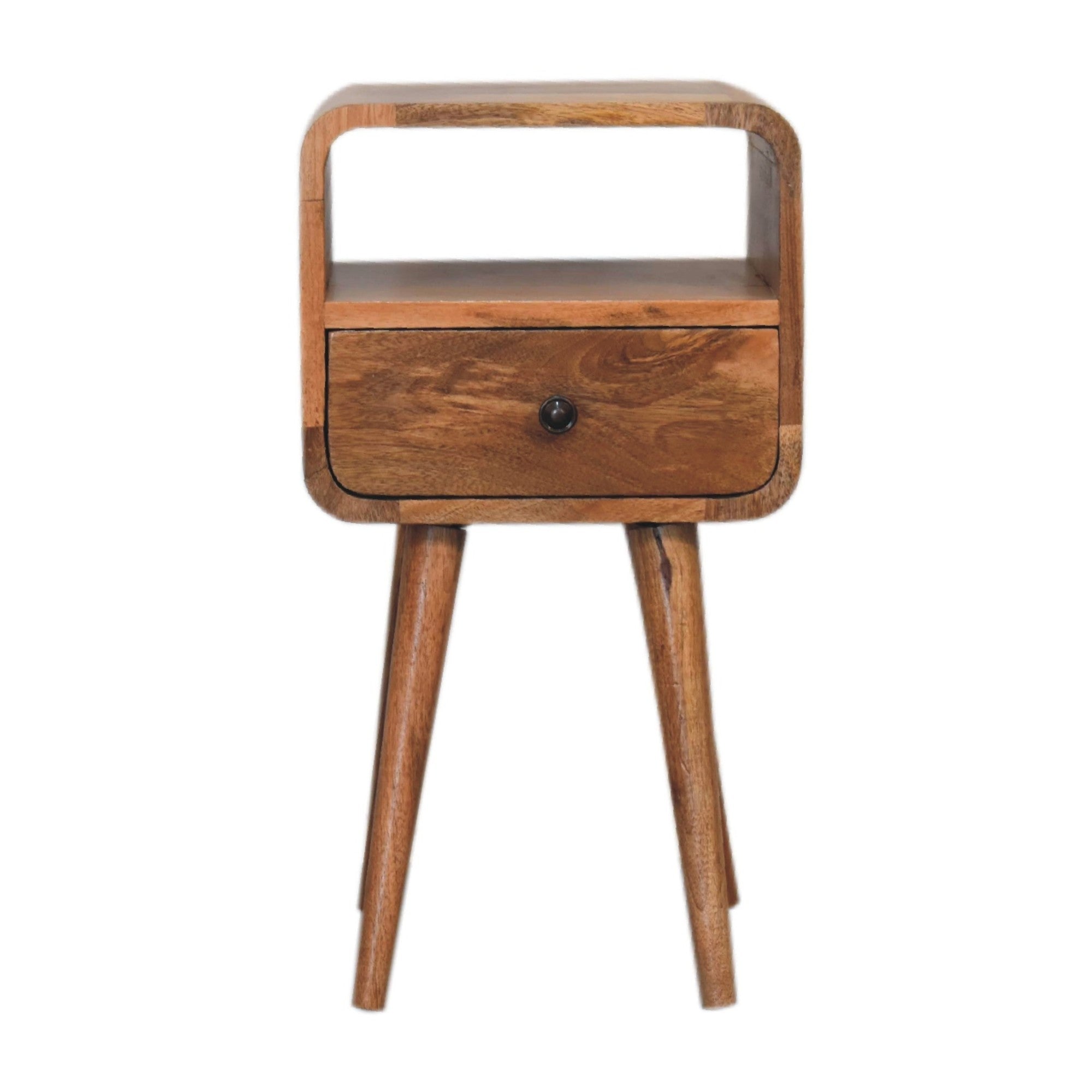 Oak Finish Nightstand with Drawer and Open Shelf, Solid Wood
