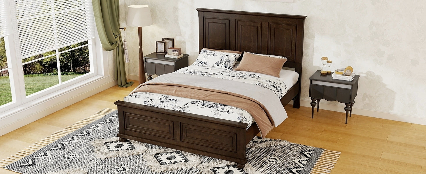 Overhead angle of the rich brown queen panel bed styled with blush bedding and two nightstands