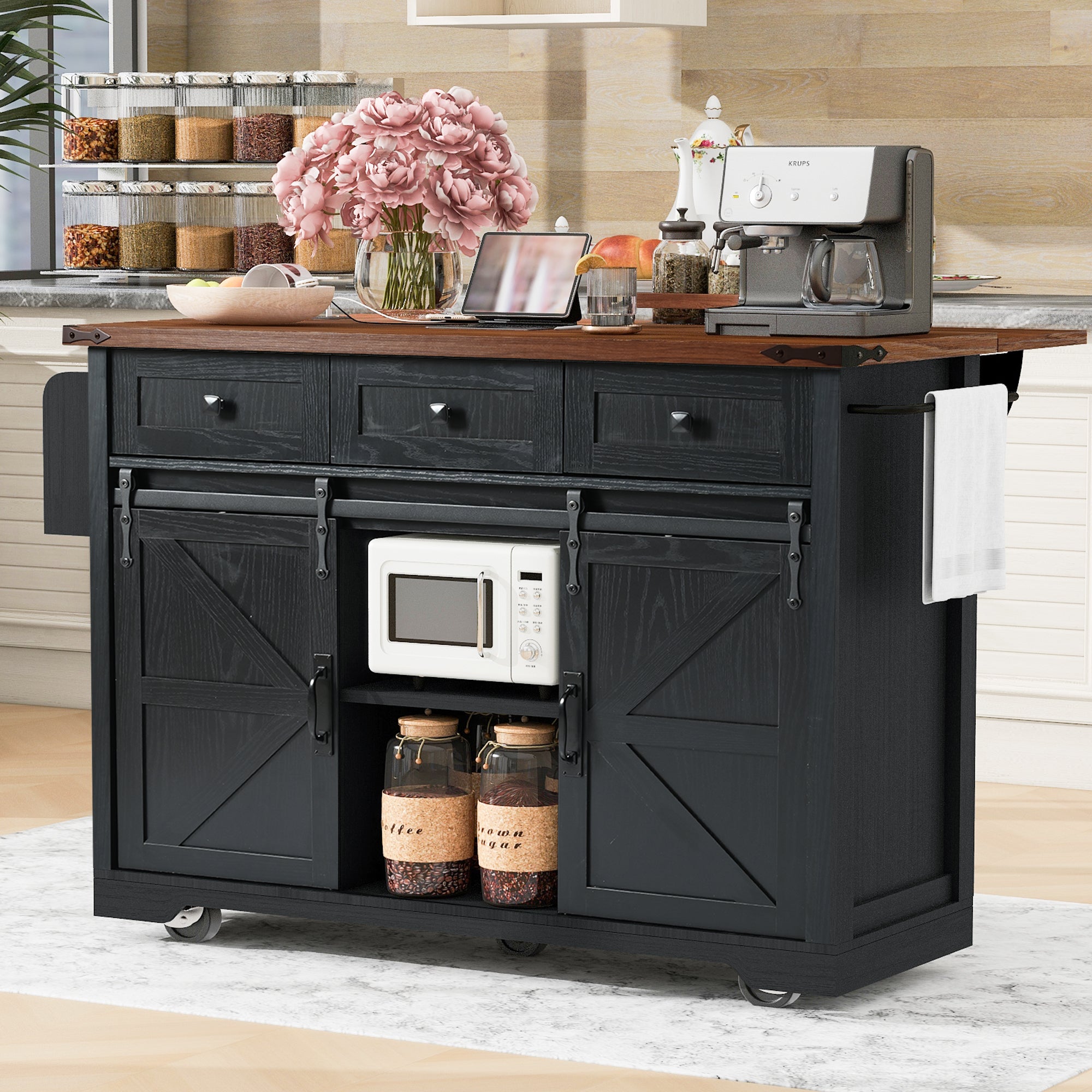 Farmhouse Black Kitchen Island with Barn Doors & Drop Leaf