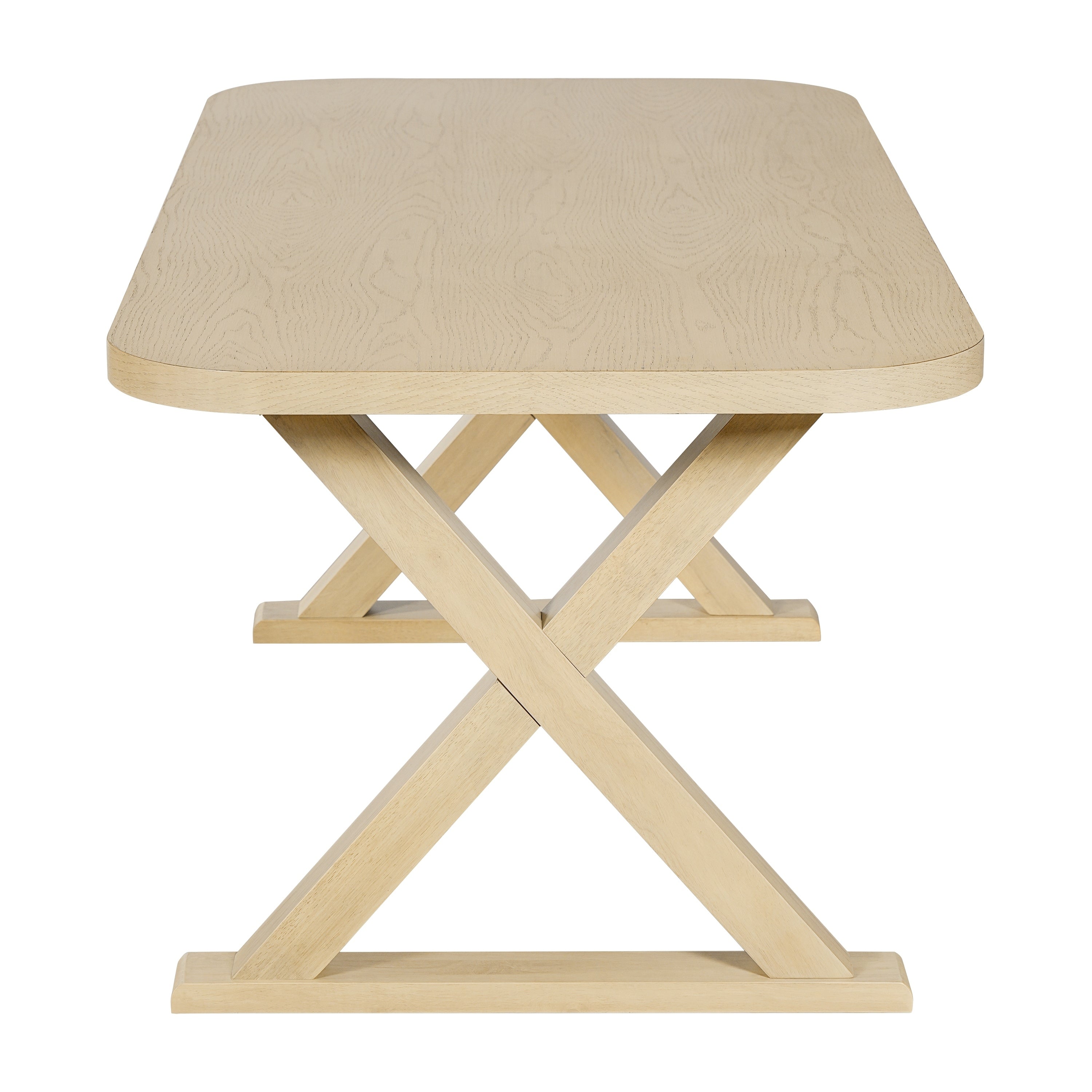 End view of the oak veneer dining table showing the crossed X-shaped trestle base, white background
