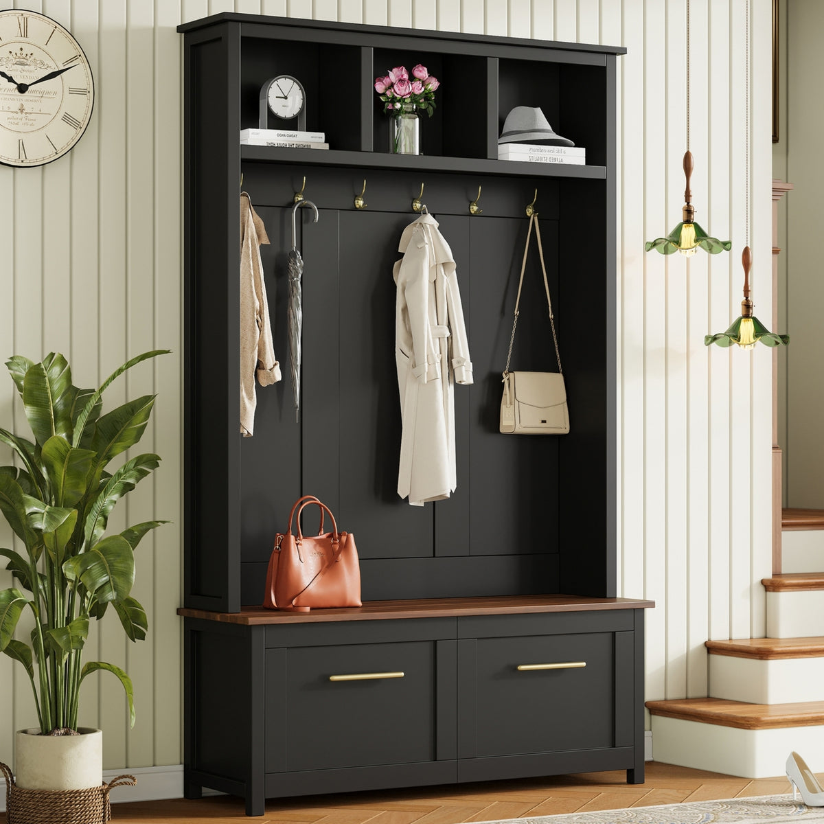 Black Hall Tree with Bench and Shoe Storage, 47.2 in Wide