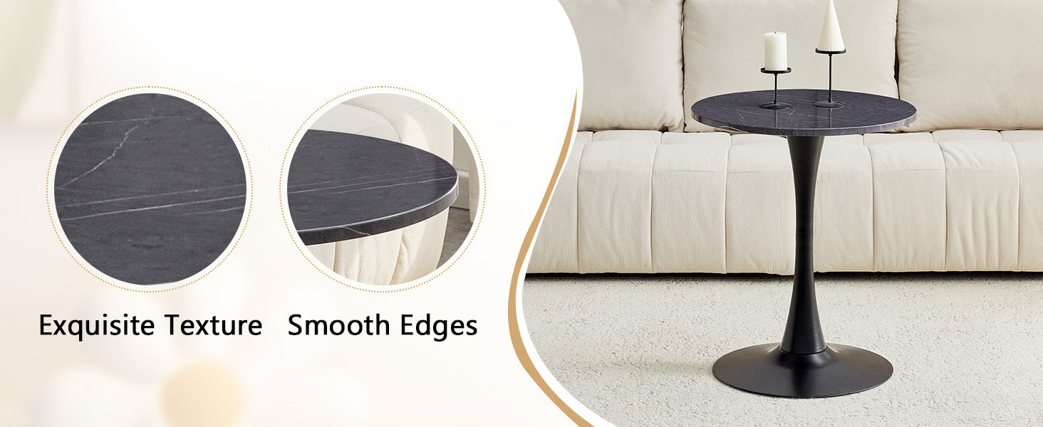 Feature graphic showing exquisite texture and smooth edges with the black bistro table by a sofa